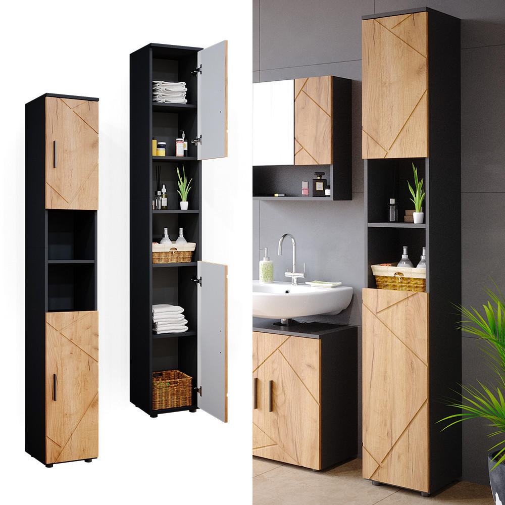 BADSCHRANK Irma Anthrazit 30 x 192 cm - Eiche Wotan, Holzwerkstoff (30/192/30cm) - Vicco