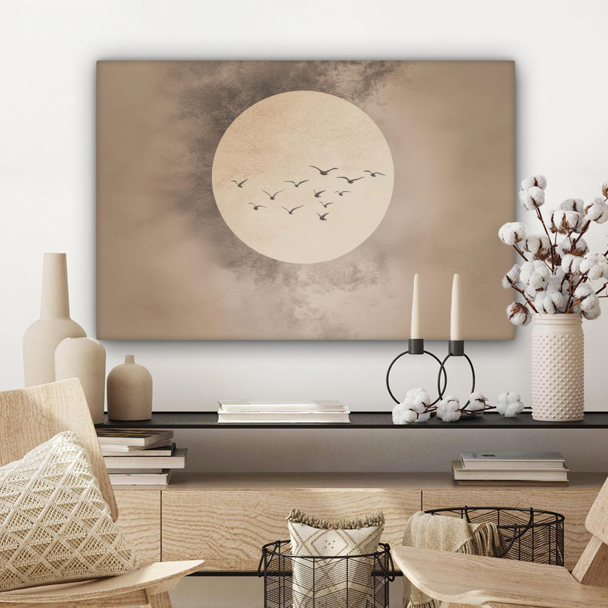 LEINWANDBILD Vogel - Beige - Japanisch Wanddeko 90x60 cm - Taupe, Textil (90/60cm) - MuchoWow