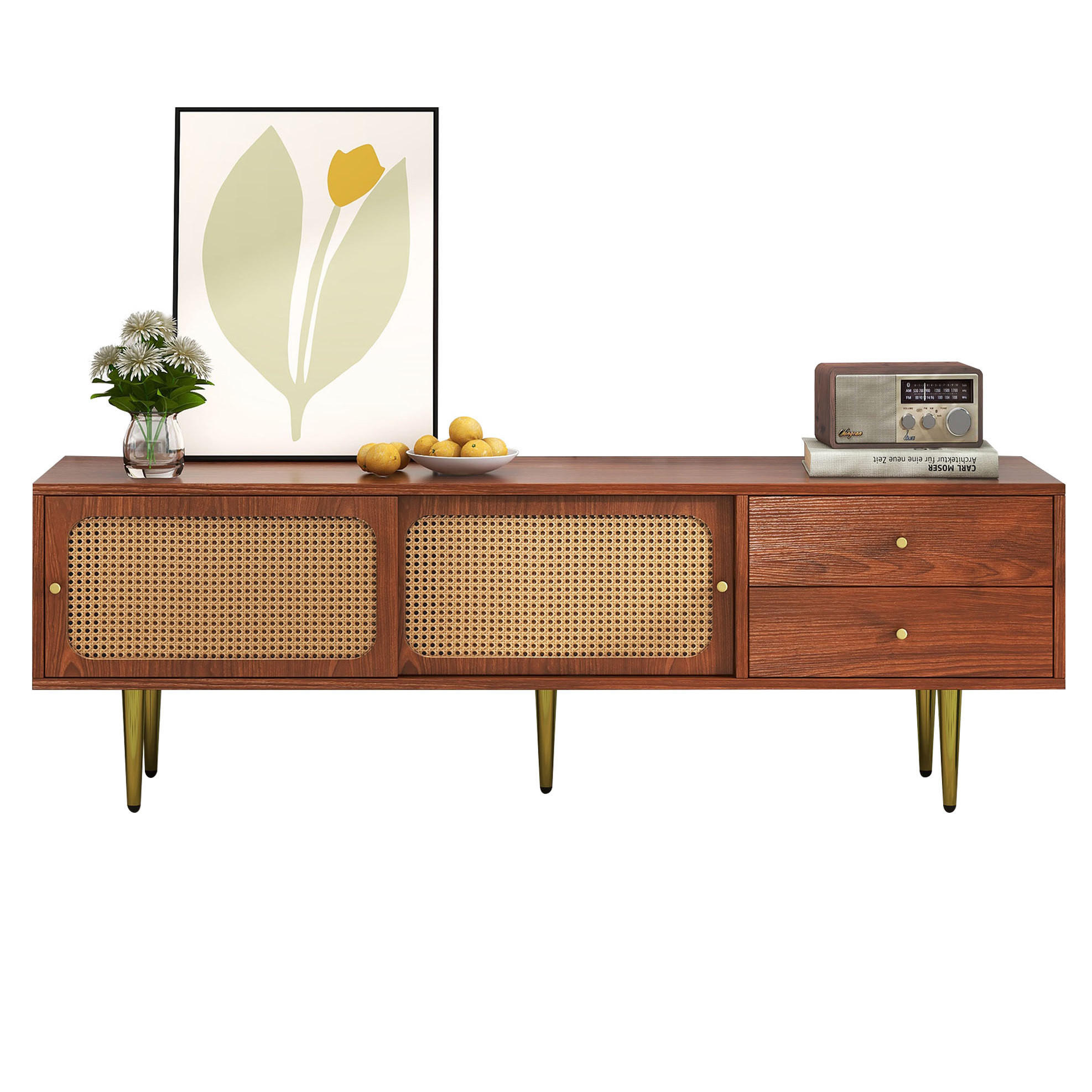 TV-SCHRANK in Walnuss mit Schiebetüren in Rattan-Optik 160/40/60 cm - Walnussfarben, Holzwerkstoff (160/60/40cm) - Redom