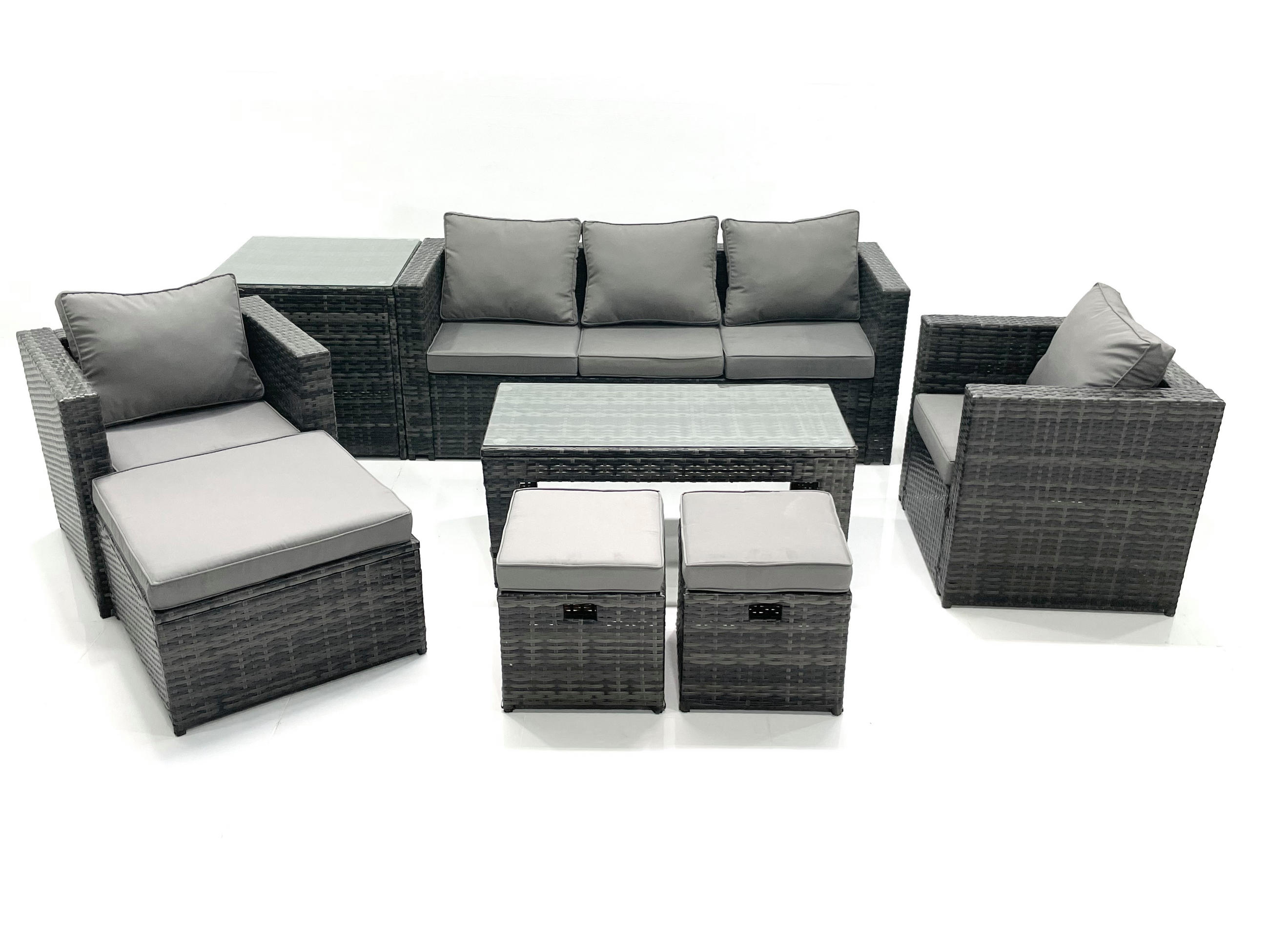 GARTENMÖBEL-SET COUCHTISCH SESSEL SOFA mit HOCKER Polyrattan Dunkelgrau Gemischt 8-Sitzer - Dunkelgrau/Grau, Glas/Kunststoff - Fimous