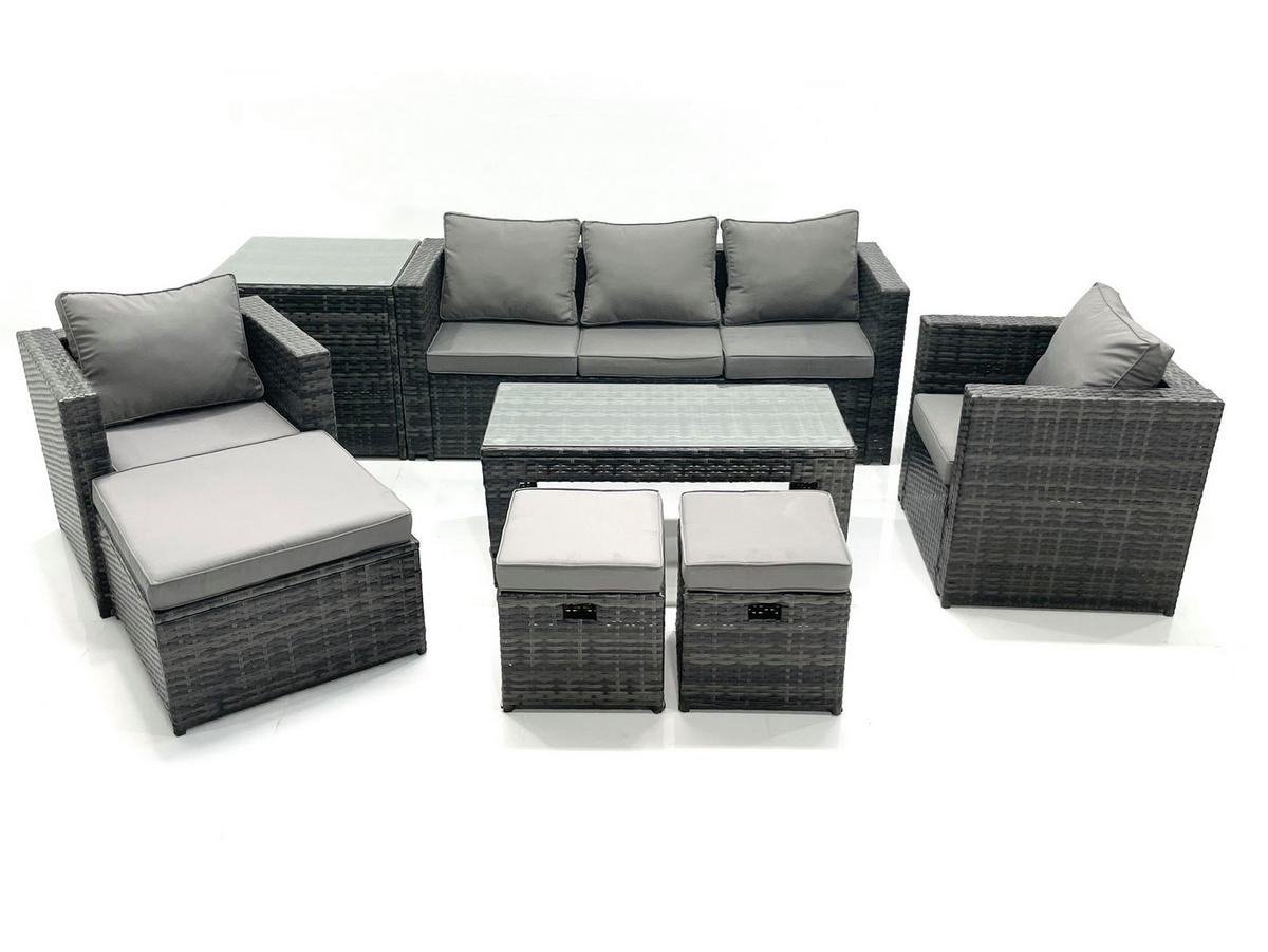 GARTENMÖBEL-SET COUCHTISCH SESSEL SOFA mit HOCKER Polyrattan Dunkelgrau Gemischt 8-Sitzer - Dunkelgrau/Grau, Glas/Kunststoff - Fimous