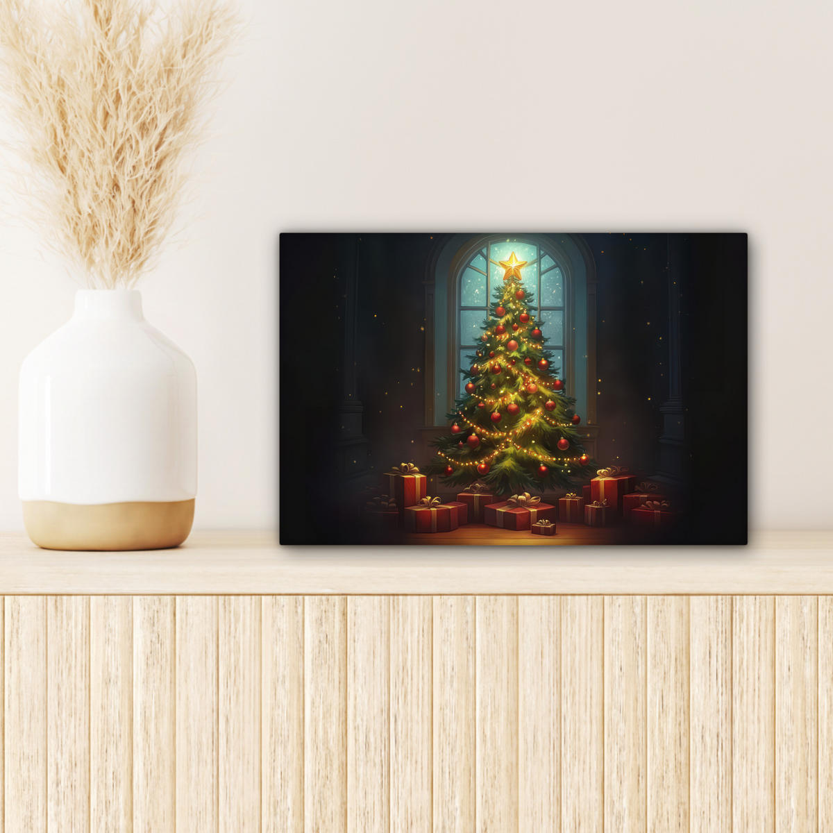 LEINWANDBILD Weihnachtsbaum - Geschenk - Winter 30x20 cm - Grün, Textil (30/20cm) - MuchoWow