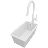 UNTERBAUSPÜLE GRANIT London, 2-er set Alles Weiß 26/47 cm 1 Becken + Küchenarmatur 40/20 cm + Ablauf-Set ab 30er Unterschrank - Weiß, Kunststoff (26/20/47cm) - Primagran