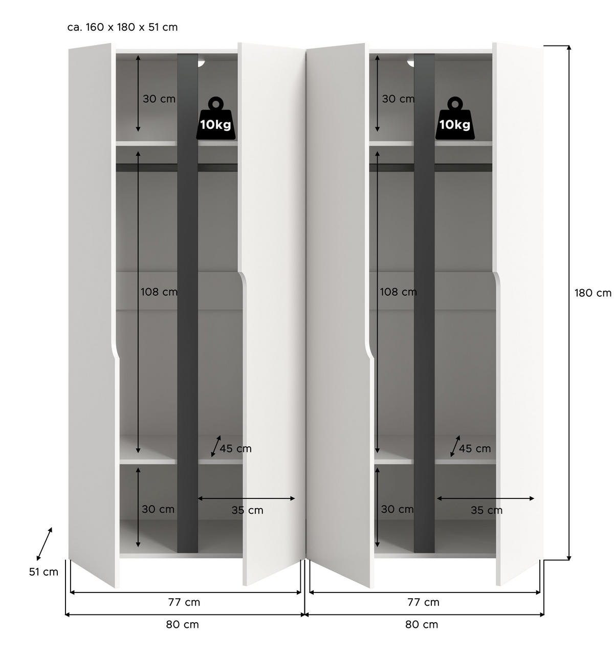 KLEIDERSCHRANK Anga weiß 160/51/180 cm - Weiß, Holzwerkstoff (160/180/51cm) - Xonox