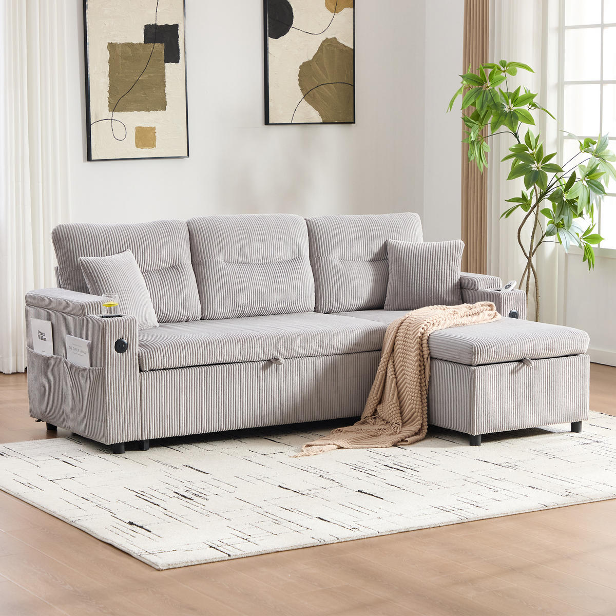 ECKSOFA DE-33730 mit Chaiselongue und Schubladenbett Hellgrau - Hellgrau, Metall (212.5/136cm) - ComfortXL