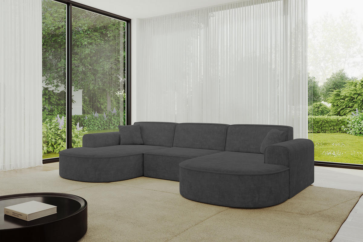 WOHNLANDSCHAFT MARI-U1 - 303x171x79 cm Dunkelgrau Velours - Dunkelgrau/Schwarz, Holzwerkstoff/Kunststoff (303/79/171cm) - ALTDECOR