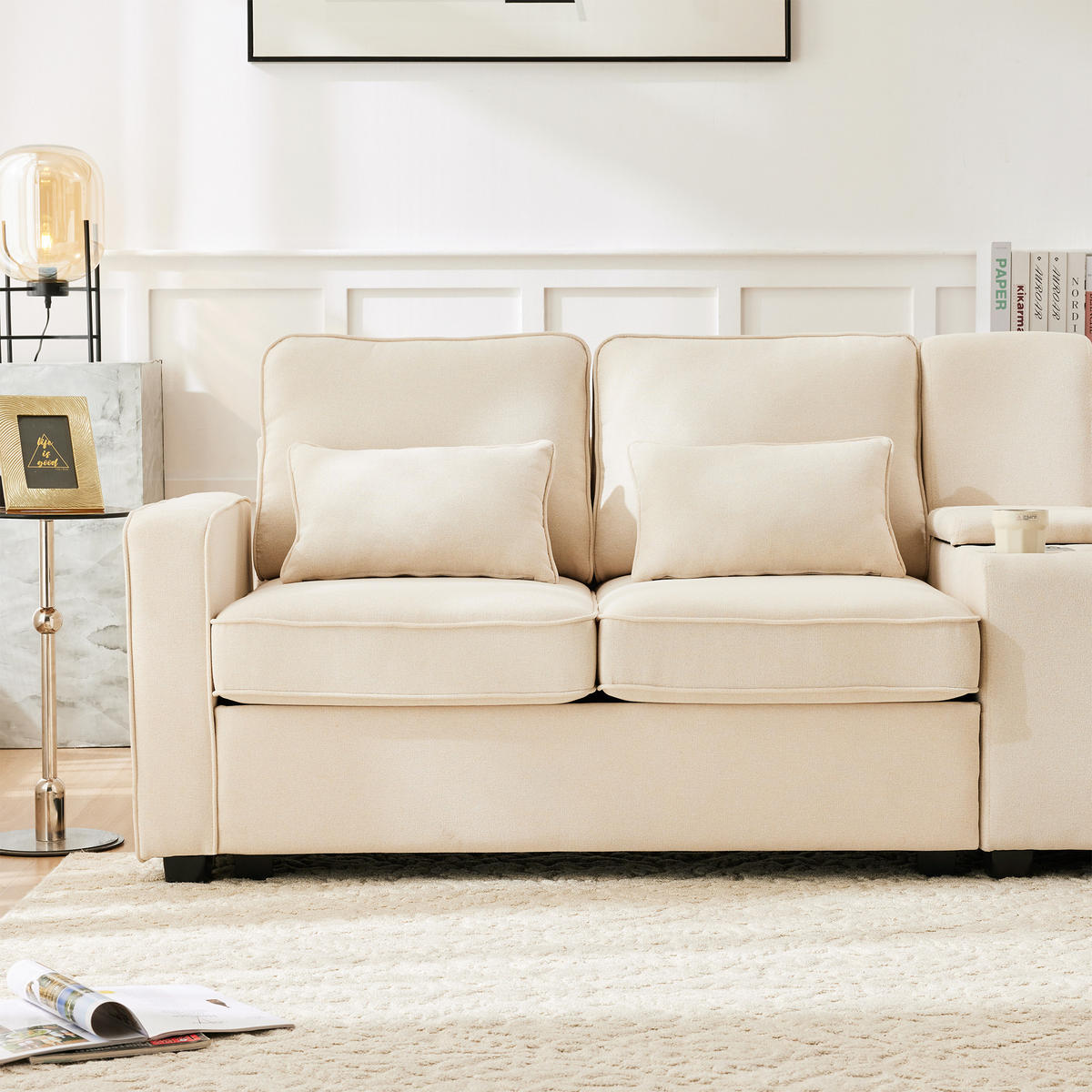4-SITZER SOFA Leinen Beige mit USB, Getränkehaltern und Kissen - Beige, Holzwerkstoff/Kunststoff (290/88/83cm) - WISHDOR