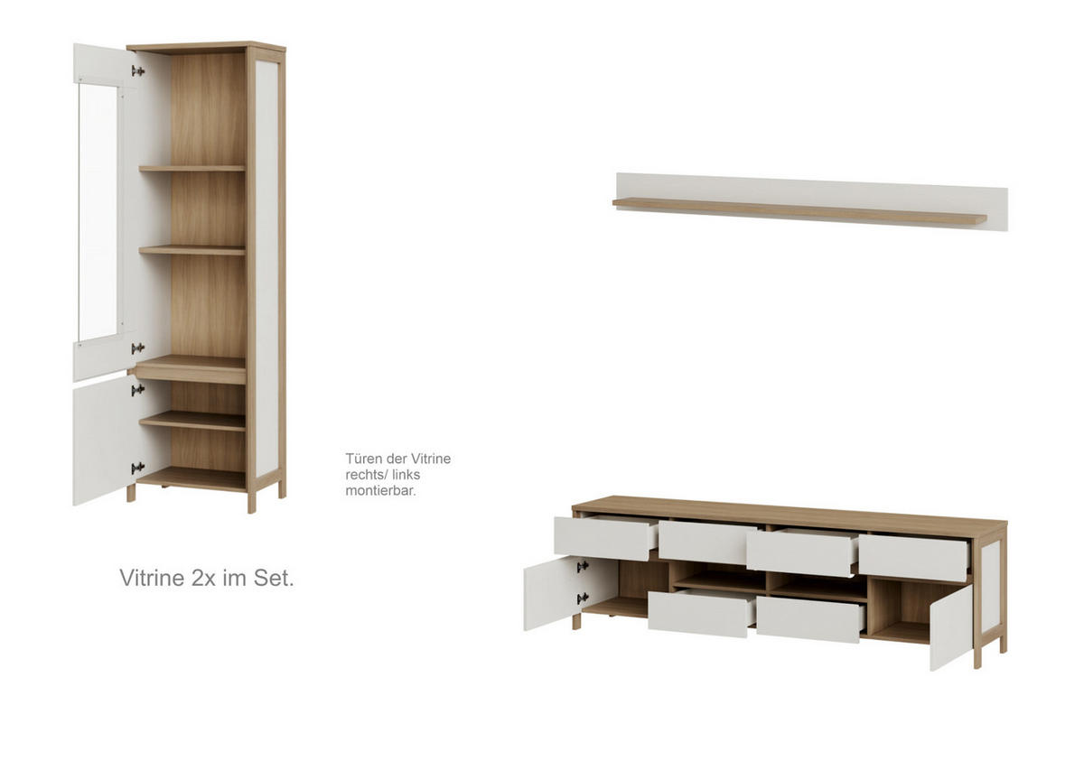WOHNWAND weiß, Eiche 4-teilig 339 cm, Wohnkombination skandinavisch mit Soft-Close, Finnes - Eichefarben/Weiß, Glas/Holzwerkstoff (339/195/39cm) - Furn.Design