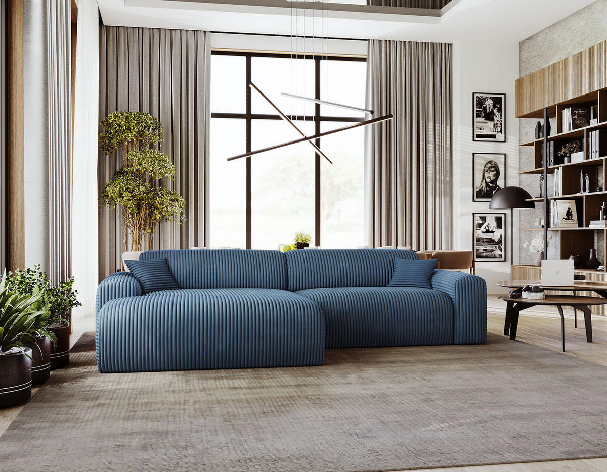 ECKSOFA mit Longchair - Cord - Blaugrau/Schwarz, Kunststoff/Textil (284/178cm) - home24