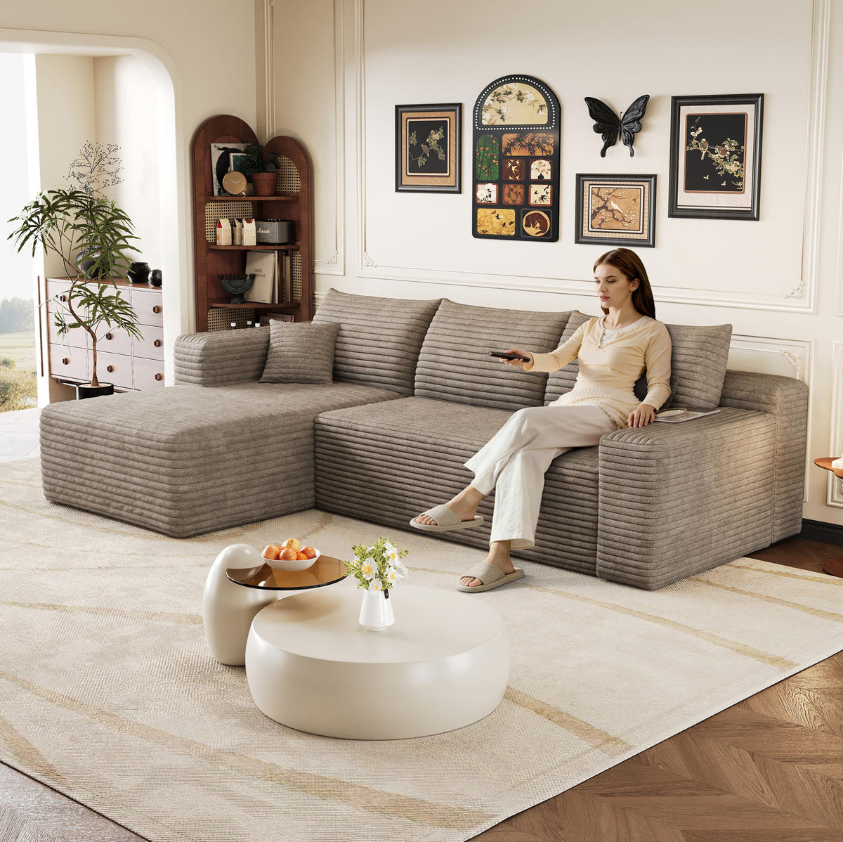KUTNA sofa 241 cm camel od tkanine bez montaže s ležaljkom - svijetlo siva, tekstil (151/241cm) - OKWISH