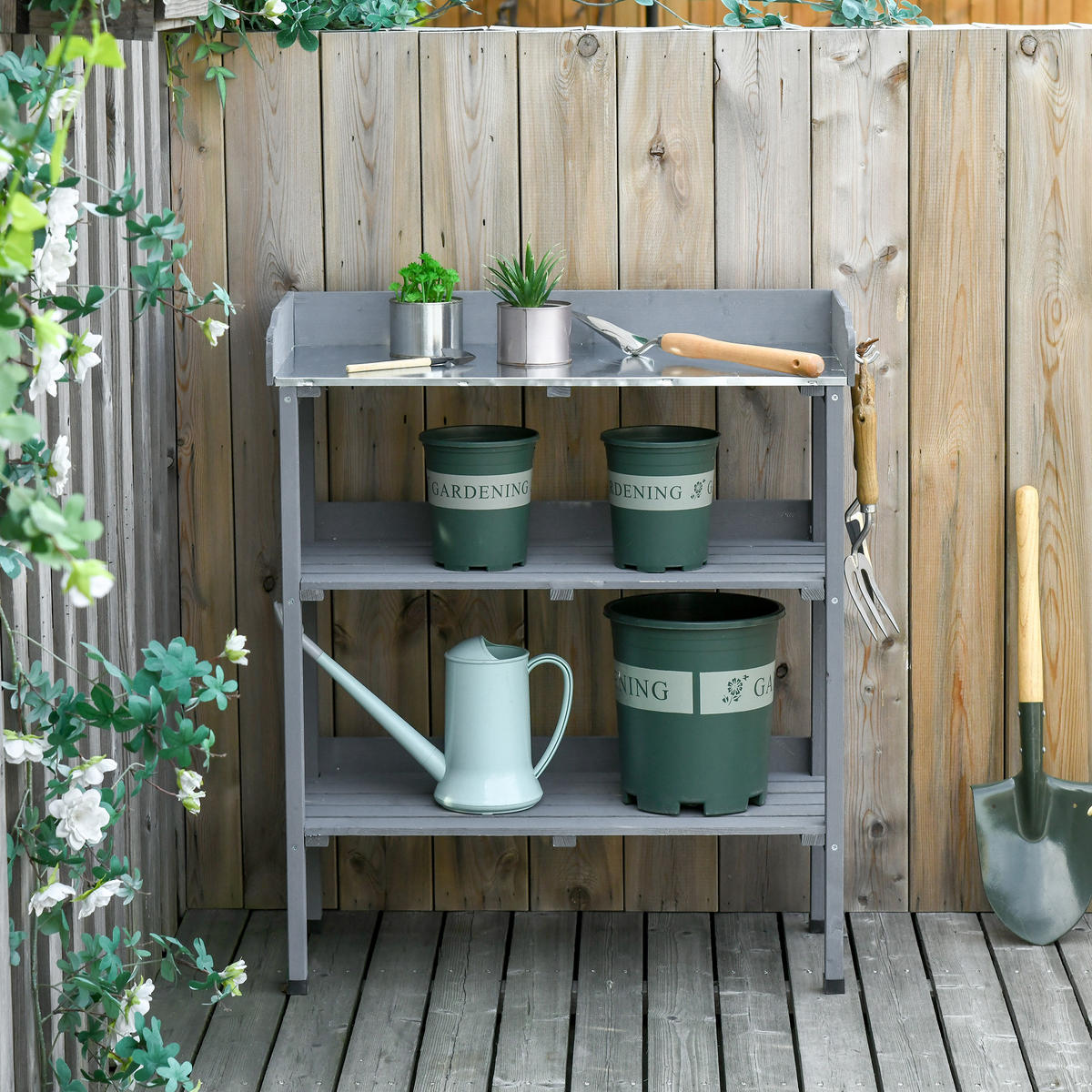 PFLANZTISCH Gärtnertisch Blumentisch mit Metall Arbeitsfläche Garten Holz Grau - Grau, Holz (76/37/89cm) - Outsunny