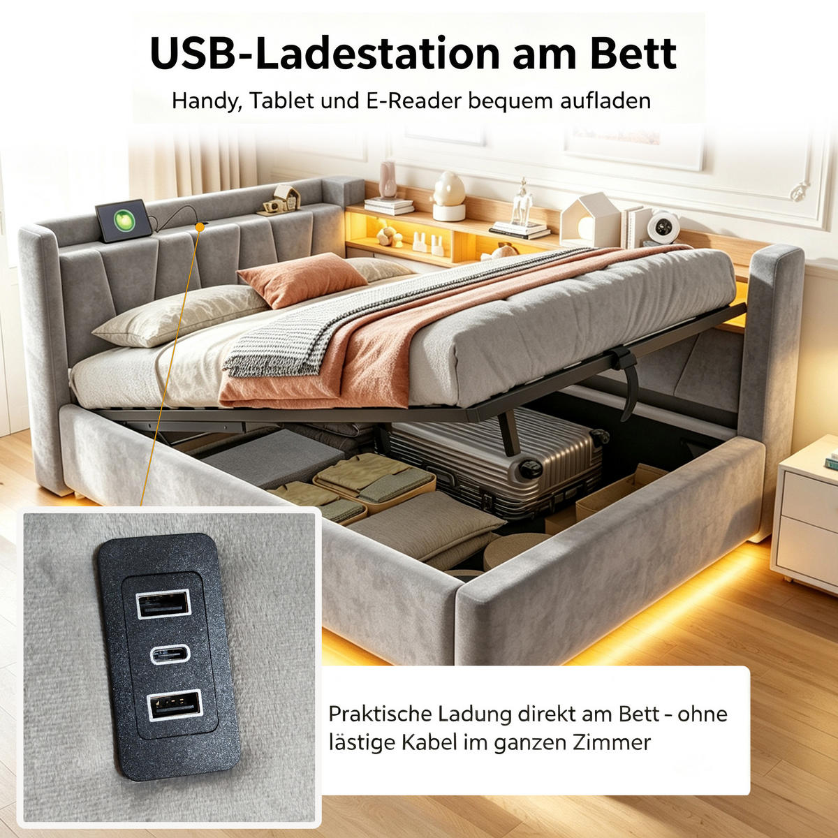 BOXBETT 140/200 mit LED/Regal/USB/Bettkasten, Samt, Grau - Grau, Holz (140/200cm) - LVHOM