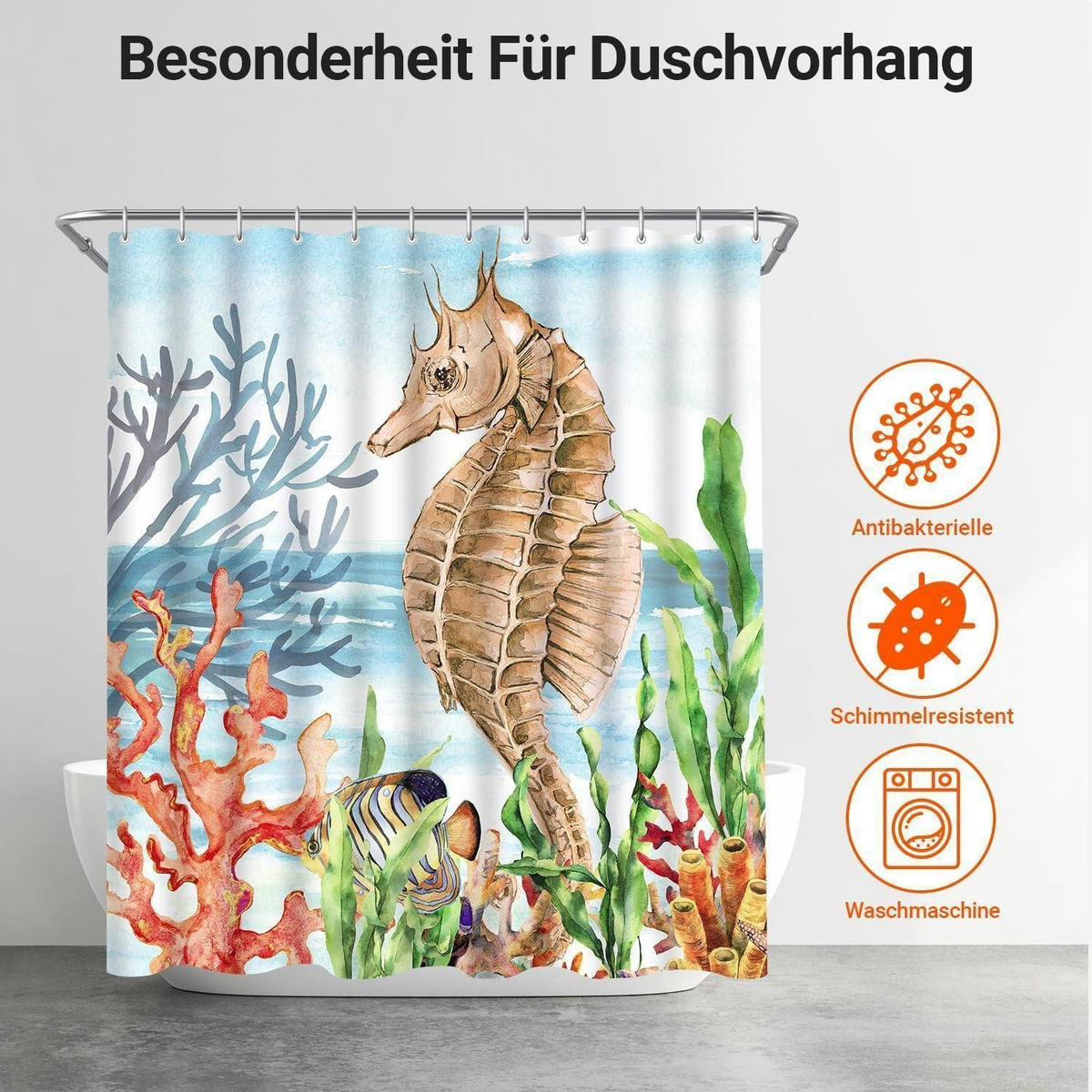 DUSCHVORHANG Seepferdchen Bemalt 180 x 200 cm - Multicolor, Textil (180/200cm)