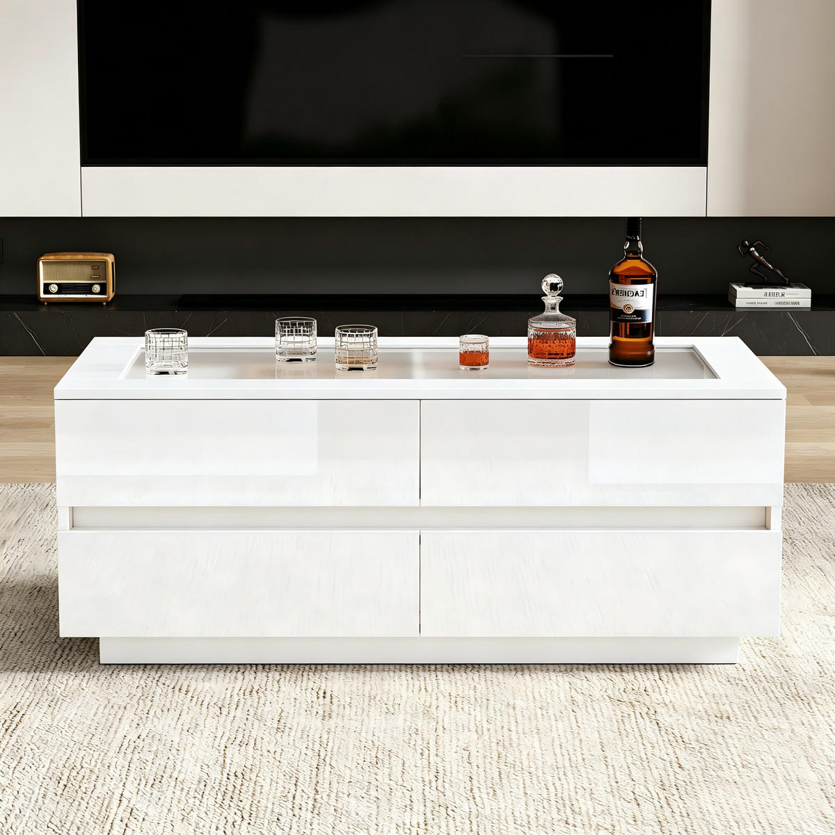 COUCHTISCH in Weiß mit 4 Schubladen und LED-Beleuchtung für Wohnzimmer, B100/T50/H30 cm - Weiß, Glas/Holzwerkstoff (50/100/40cm) - STILVORA