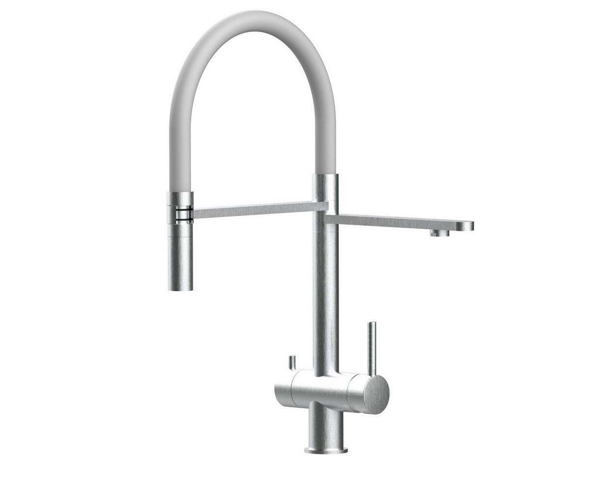 NIEDERDRUCK-3-WEGE-KÜCHENARMATUR, Edelstahl Massiv aus Chirurgenstahl, Gebürstet und Grau, 2-Strahl-Brause - Grau, Metall (24/49/24cm) - VIZIO