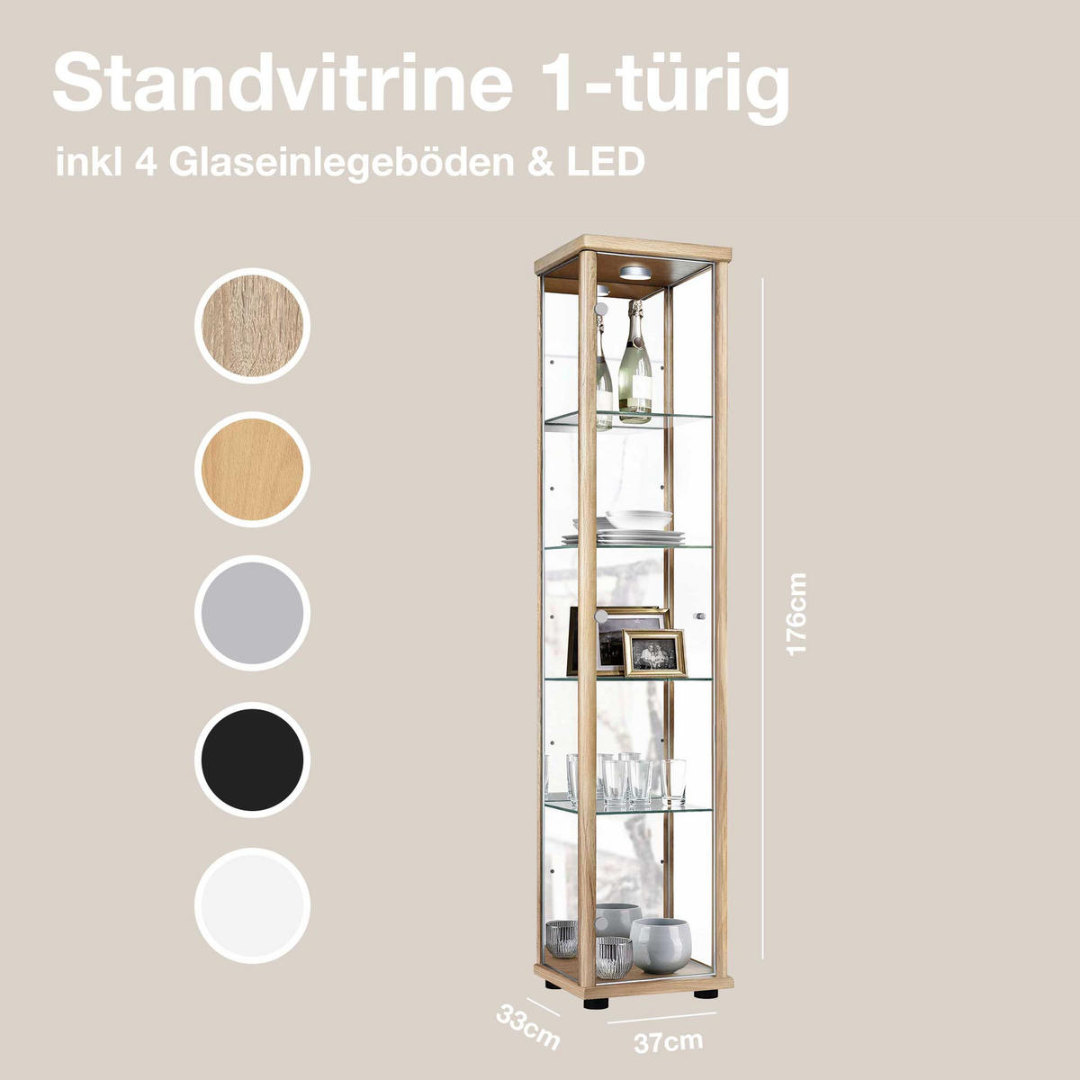 GLASVITRINE 33/37/176 cm mit Spiegel, LED & 4 höhenverstellbaren Glasböden - Transparent/Silberfarben, Glas/Holzwerkstoff (37/176/33cm) - K-Möbel