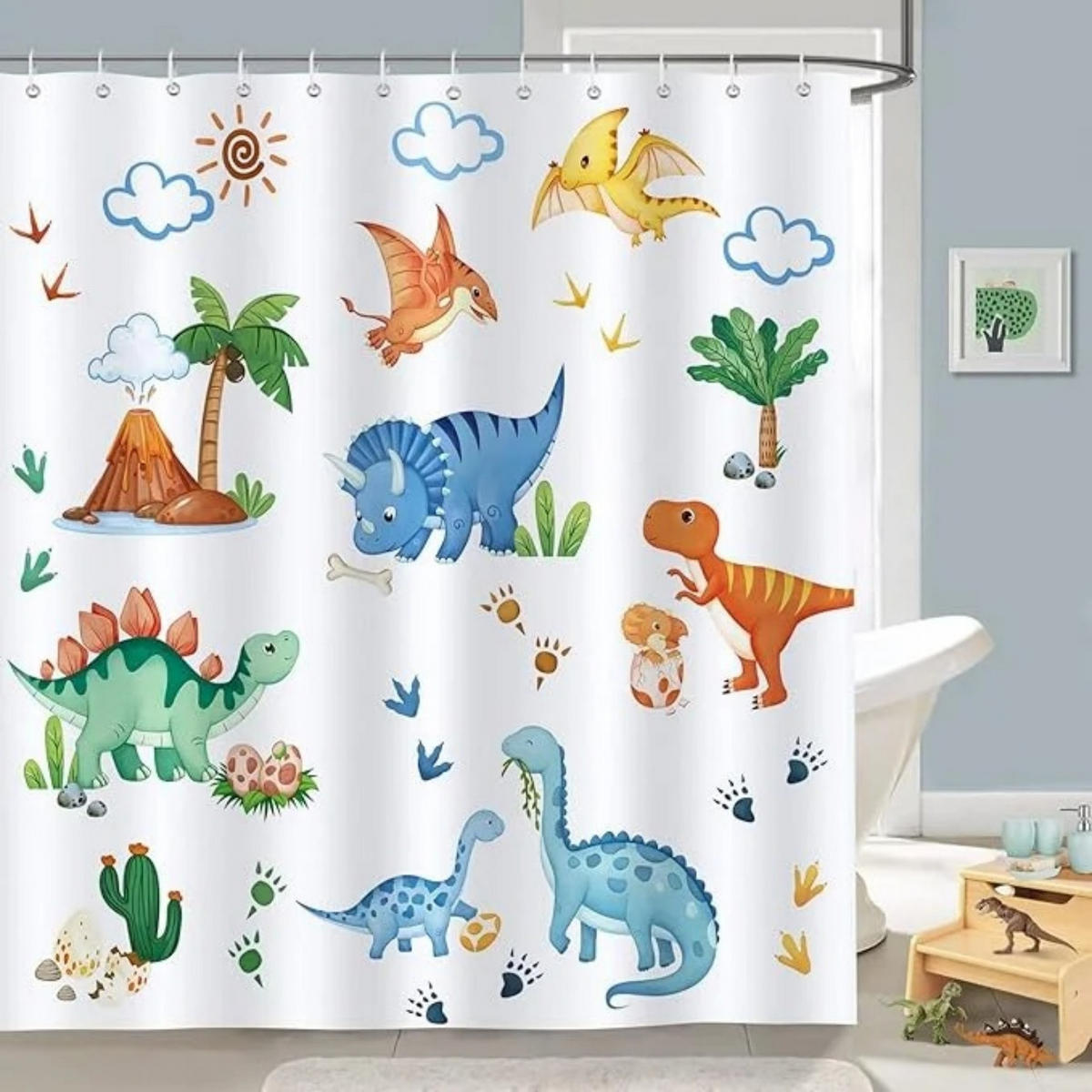 DUSCHVORHANG Dinosaurier Polyester schimmelresistent mit Haken für Badewanne - Weiß, Textil (180/180cm) - MCBOSON