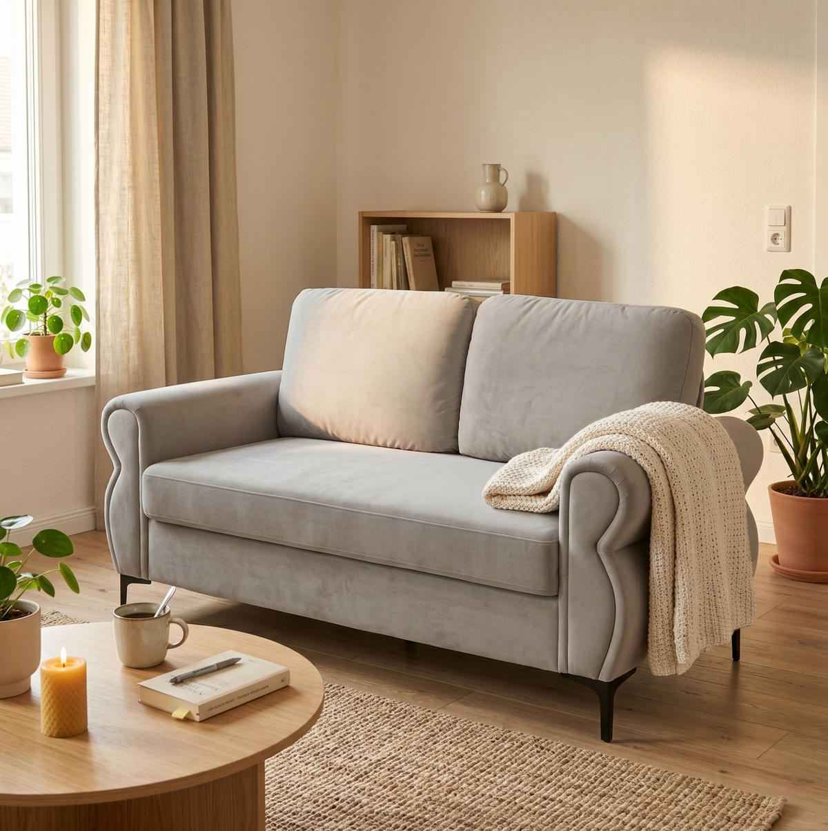 SOFA kompakt 173,5 cm Metall-Holz Light Grey - Hellgrau, Holzwerkstoff (173.5/92/81cm) - Meubliv