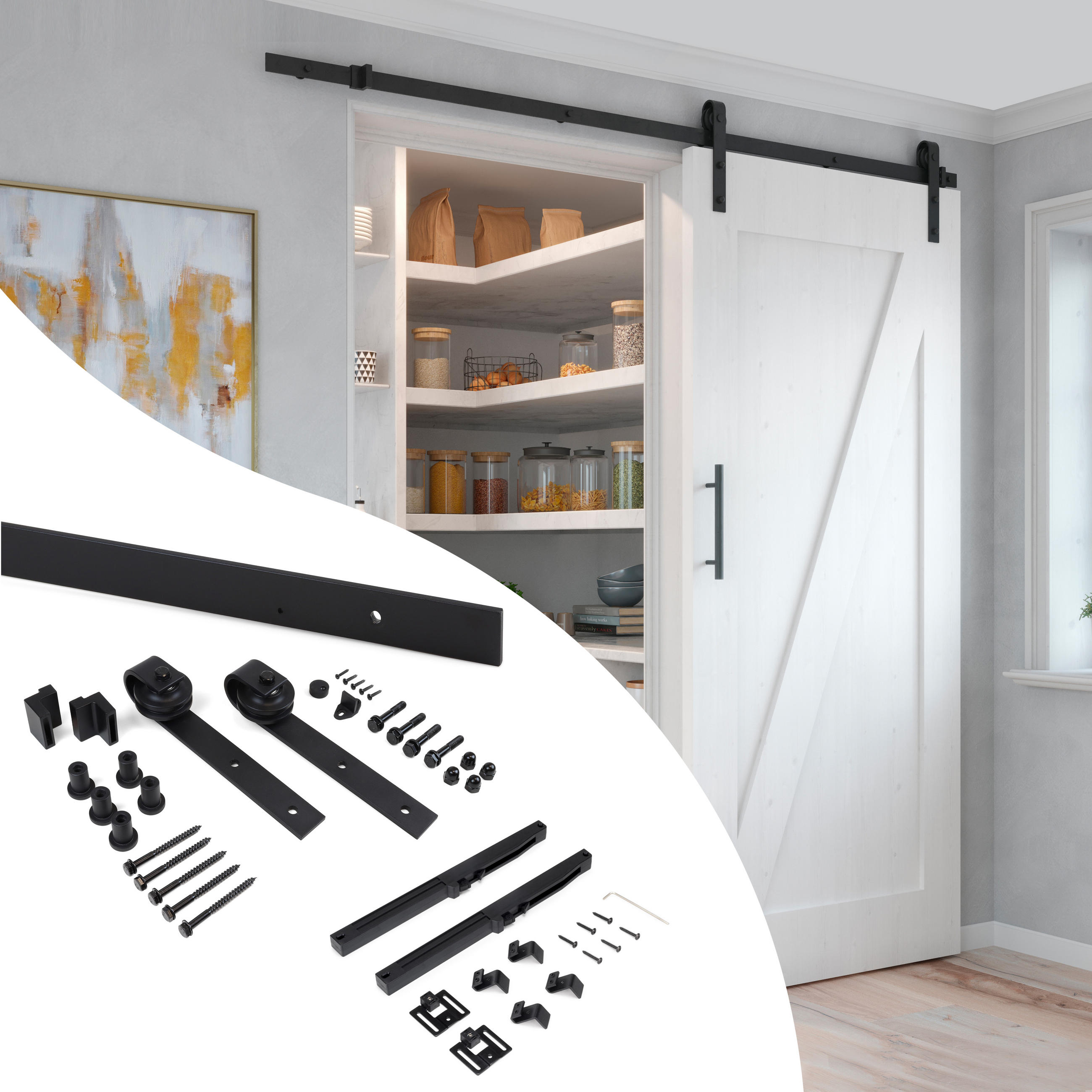 HARDWARE SET für eine Barn Holz Hänge-Schiebetür, mit sanftem Schließen, Paneele nicht inbegriffen, Stahl und Kunststoff, Schwarz lackiert - Schwarz, Metall (10/25/200cm) - EMUCA