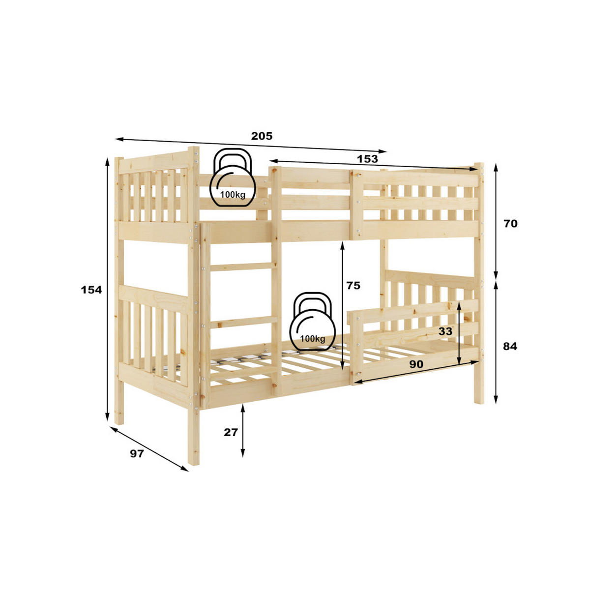 ETAGENBETT Kaspar mit Rausfallschutz Naturholz - Naturfarben, Holz (90/200cm) - Interbeds