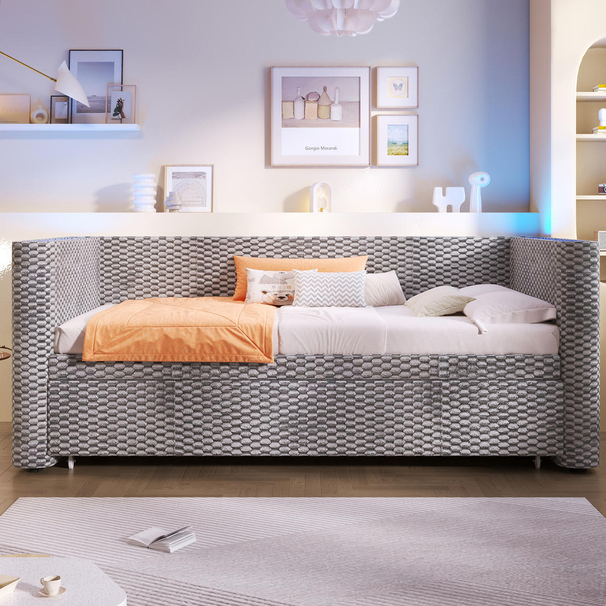 POLSTERBETT 90/200 cm ausziehbar auf 180/200 cm mit LED-Beleuchtung und Samtbezug, Grau - Grau, Textil (90/200cm) - Redom