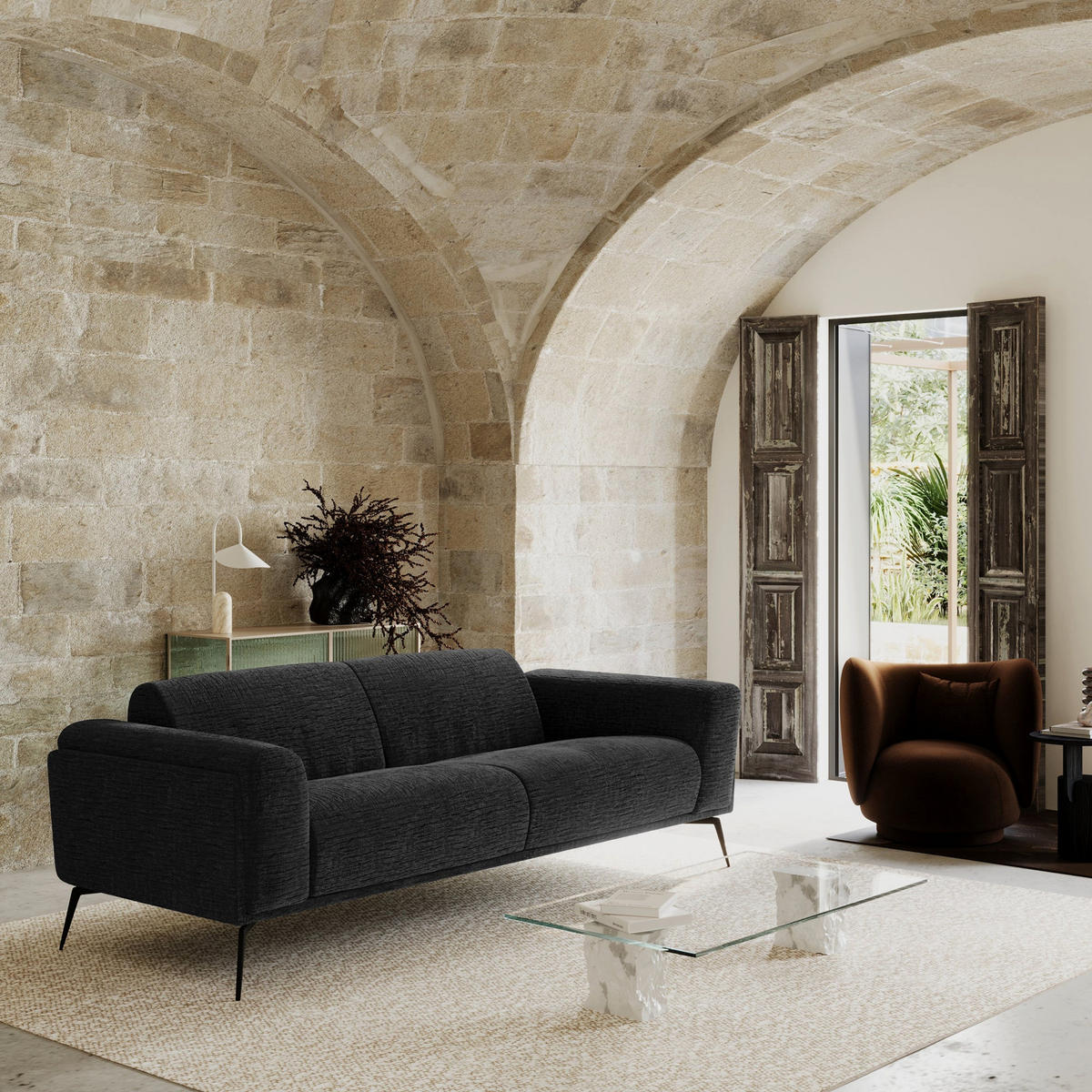 SOFA 3-SITZER Texturierter Samt Dunkles Anthrazit 220cm - Anthrazit, Textil (220/74/90cm) - Sia Home