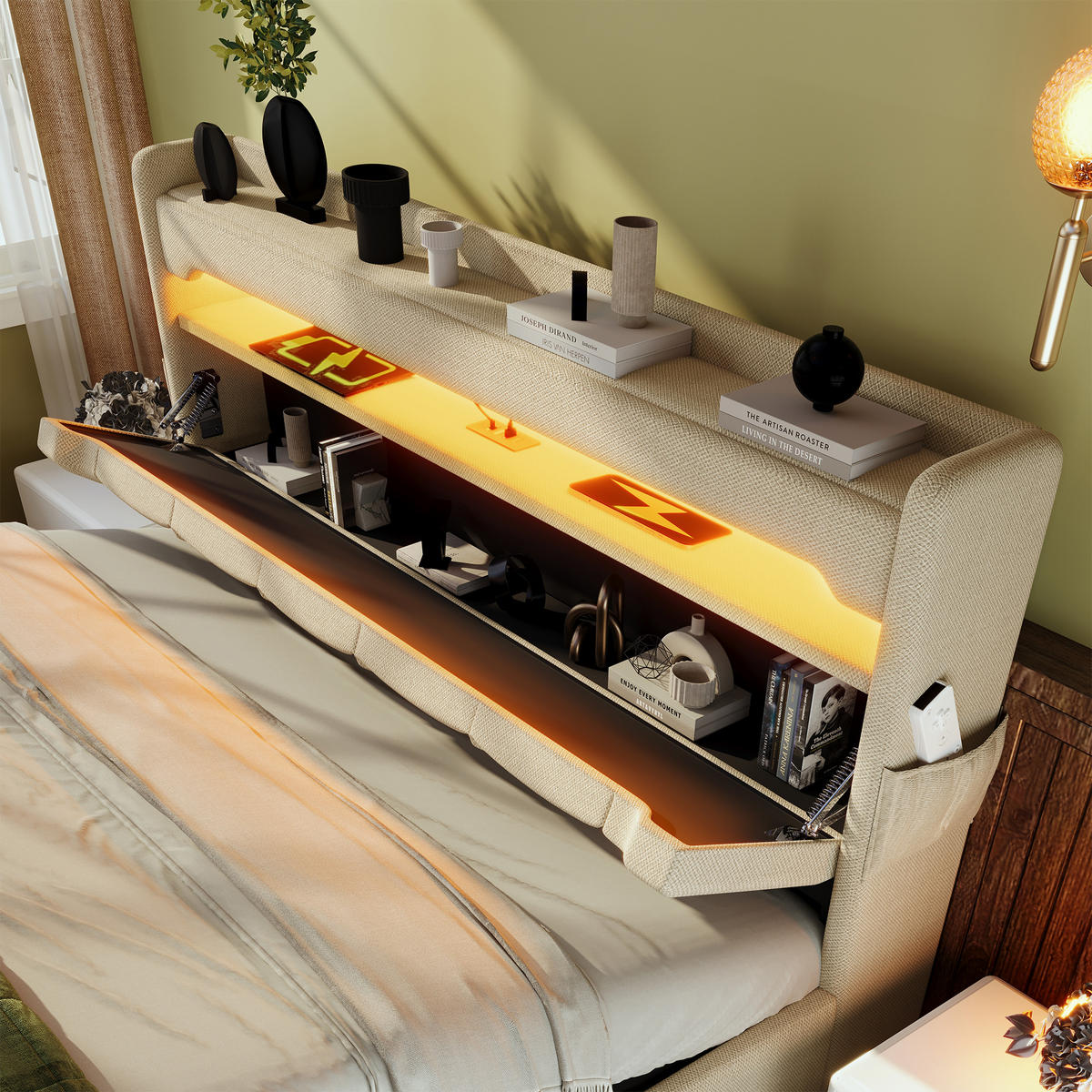 POLSTERBETT 140/200 cm beige mit Stauraum Kopfteil und LED-Beleuchtung - Beige, Textil (140/200cm) - OKWISH