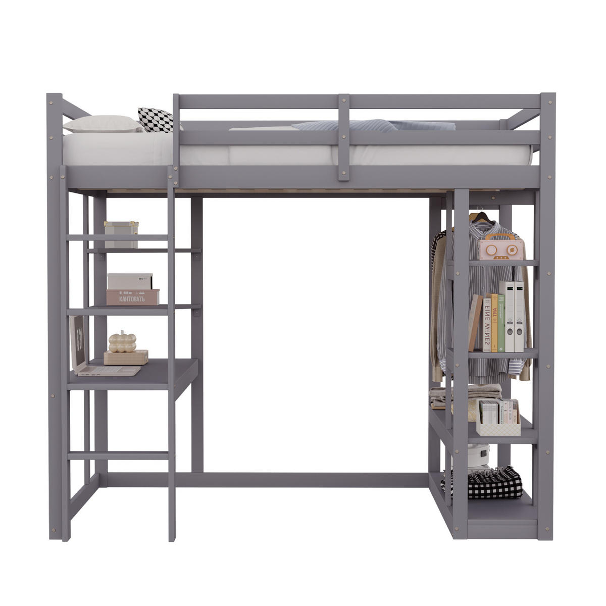 HOCHBETT 140/200 cm aus Holzwerkstoff mit Schreibtisch, Regalen und Kleiderstange, Grau - Grau, Holzwerkstoff (140/200cm) - Redom