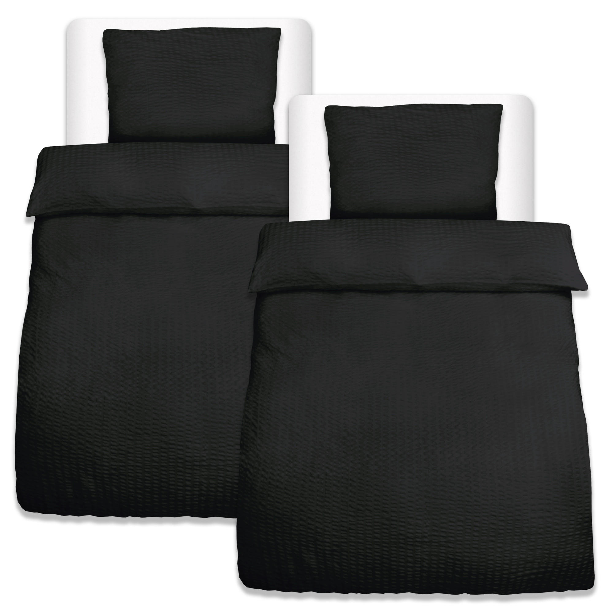 BETTWÄSCHE Meline 135/200 cm + Kissenbezug 80/80 cm Schwarz Seersucker 2er Set - Schwarz, Textil (80/80cm) - Beautissu 
