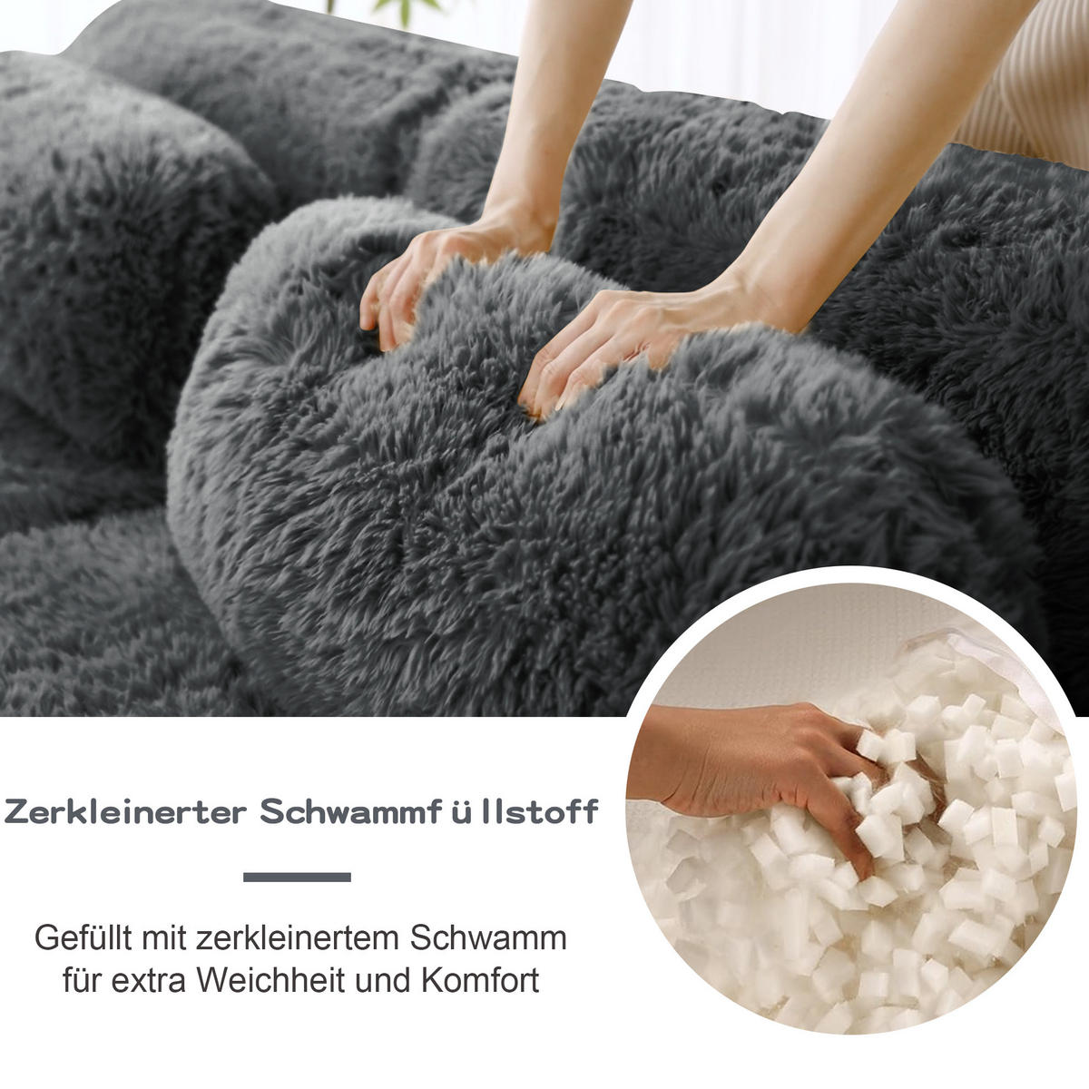 SOFA 291/104/73 cm in Grau aus Plüsch, modular und ohne Montage - Grau, Textil (104/73/291cm) - Flora Grace