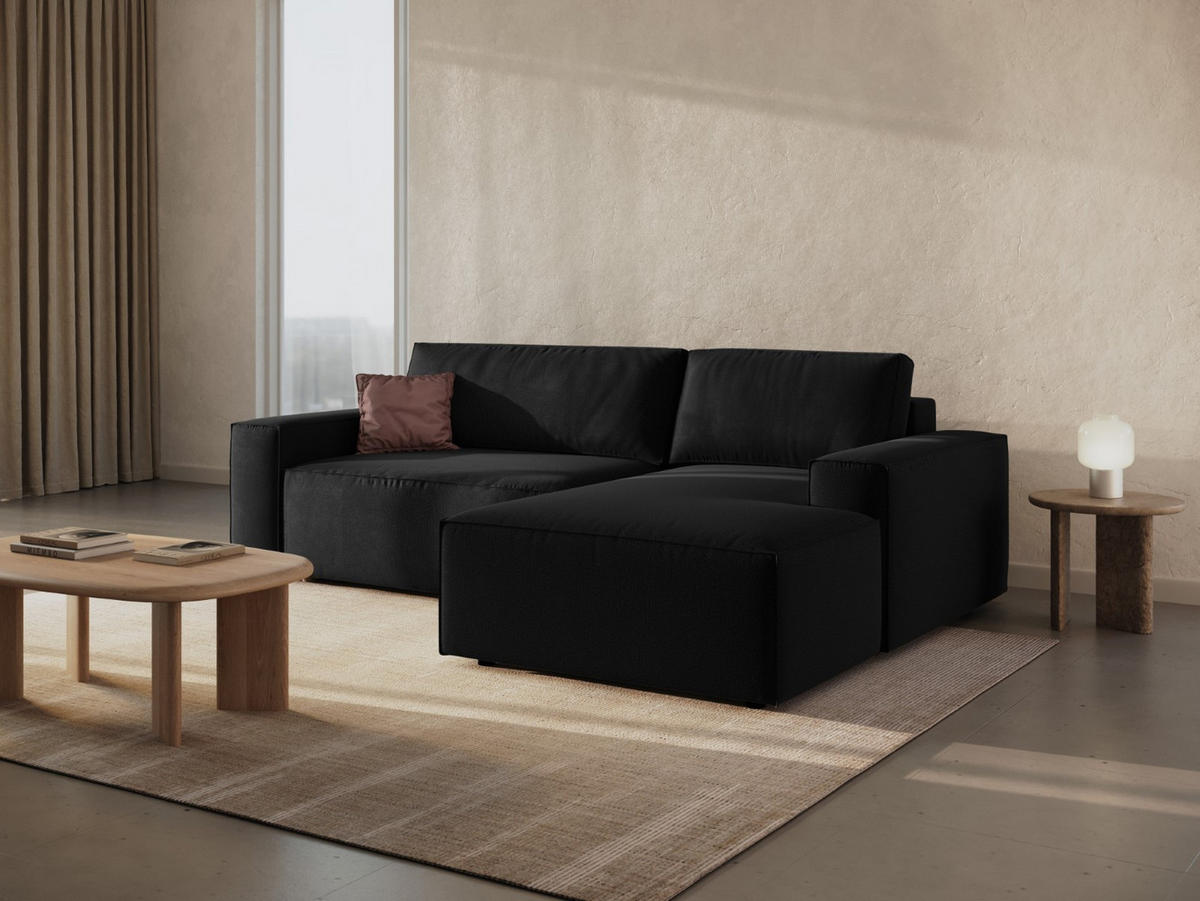 AUSKLAPPBARES-ECKSOFA rechts mit Container Jodie aus strukturiertem Stoff schwarz 3 Sitzplätze - Schwarz, Textil (246/151cm) - Micadoni