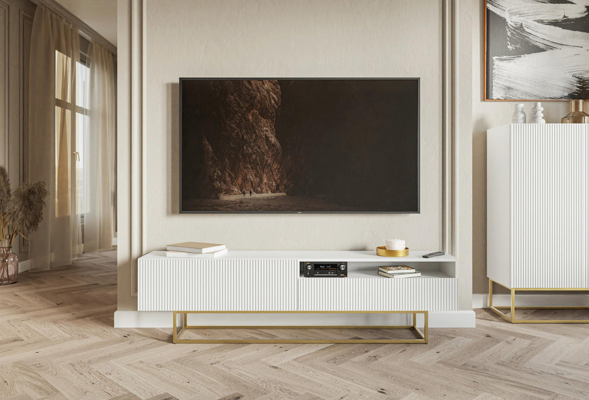 TV-SCHRANK Veldio Weiß mit offenem Fach und goldenen Metallbeinen 175 cm - Goldfarben/Weiß, Holzwerkstoff/Metall (175/46.5/31.6cm) - Selsey
