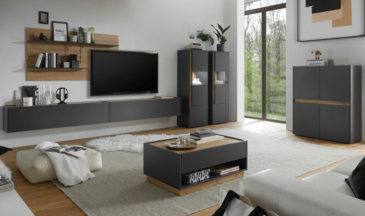 WOHNWAND 5-teilig grau matt, Eiche Wotan 440 cm, Schrankwand mit XXL-TV-Schrank - Eiche Wotan/Grau, Glas/Holz (440/180/40cm) - Furn.Design