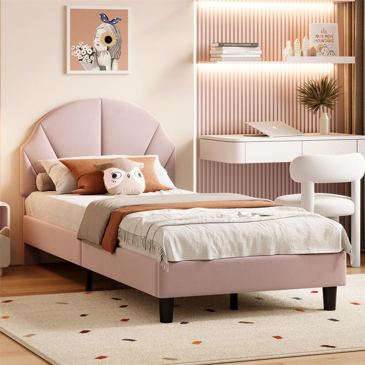 KINDERBETT 90x200 cm mit höhenverstellbarem Kopfteil - ohne Matratze - Rosa - Pink, Textil (90/200cm) - DELFA