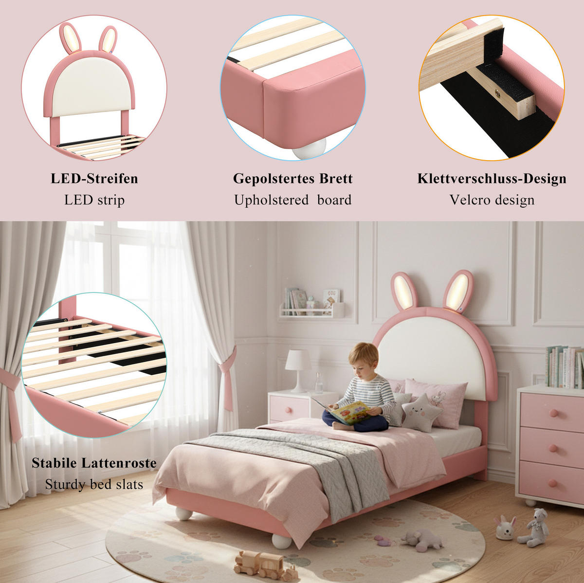 KINDERBETT aus PU und Sperrholz 90x200 cm Rosa und Weiß mit LED-Lichtleiste, Hasen-Kopfteil und Schutzkante - Weiß, Kunststoff (90/200cm) - Modfu