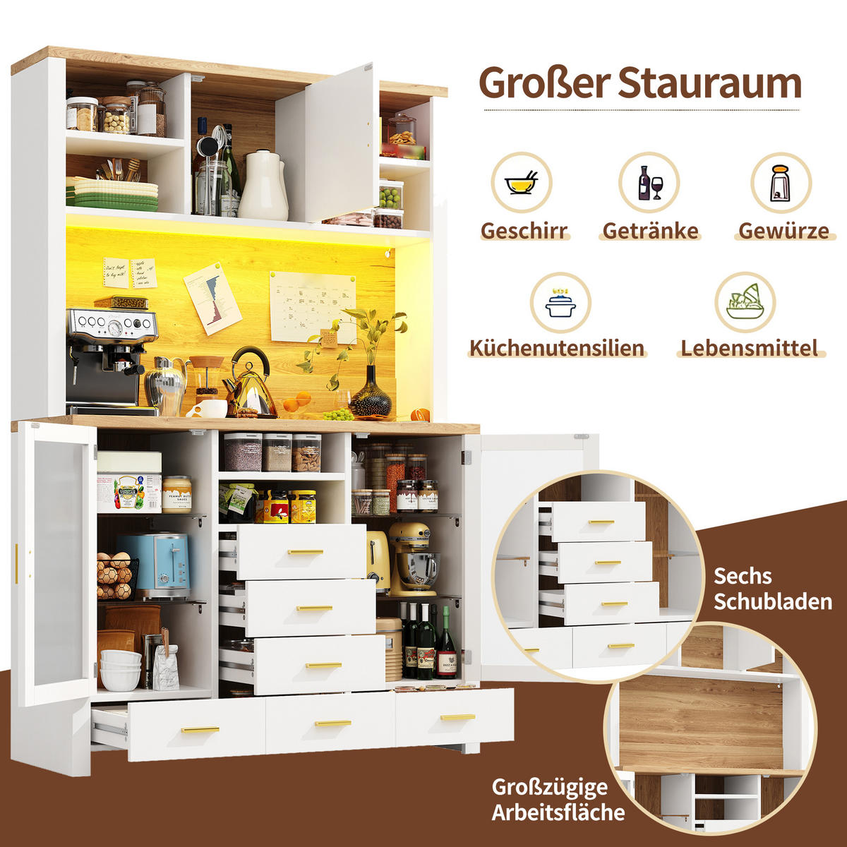 BUFFETSCHRANK 120/40/188 cm Weiß aus MDF mit LED-Lichtleiste - Weiß, Holzwerkstoff (120/188/40cm) - OKWISH