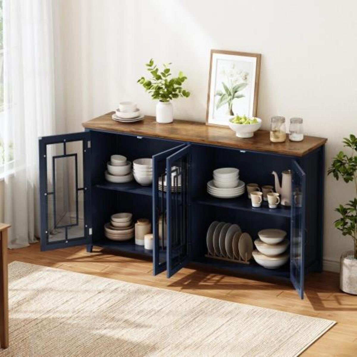 SIDEBOARD Blau aus MDF mit Retro-Holzmaserung-Platte 160 × 40 × 86 cm - Blau, Holzwerkstoff (160/86/40cm) - Luhomfu