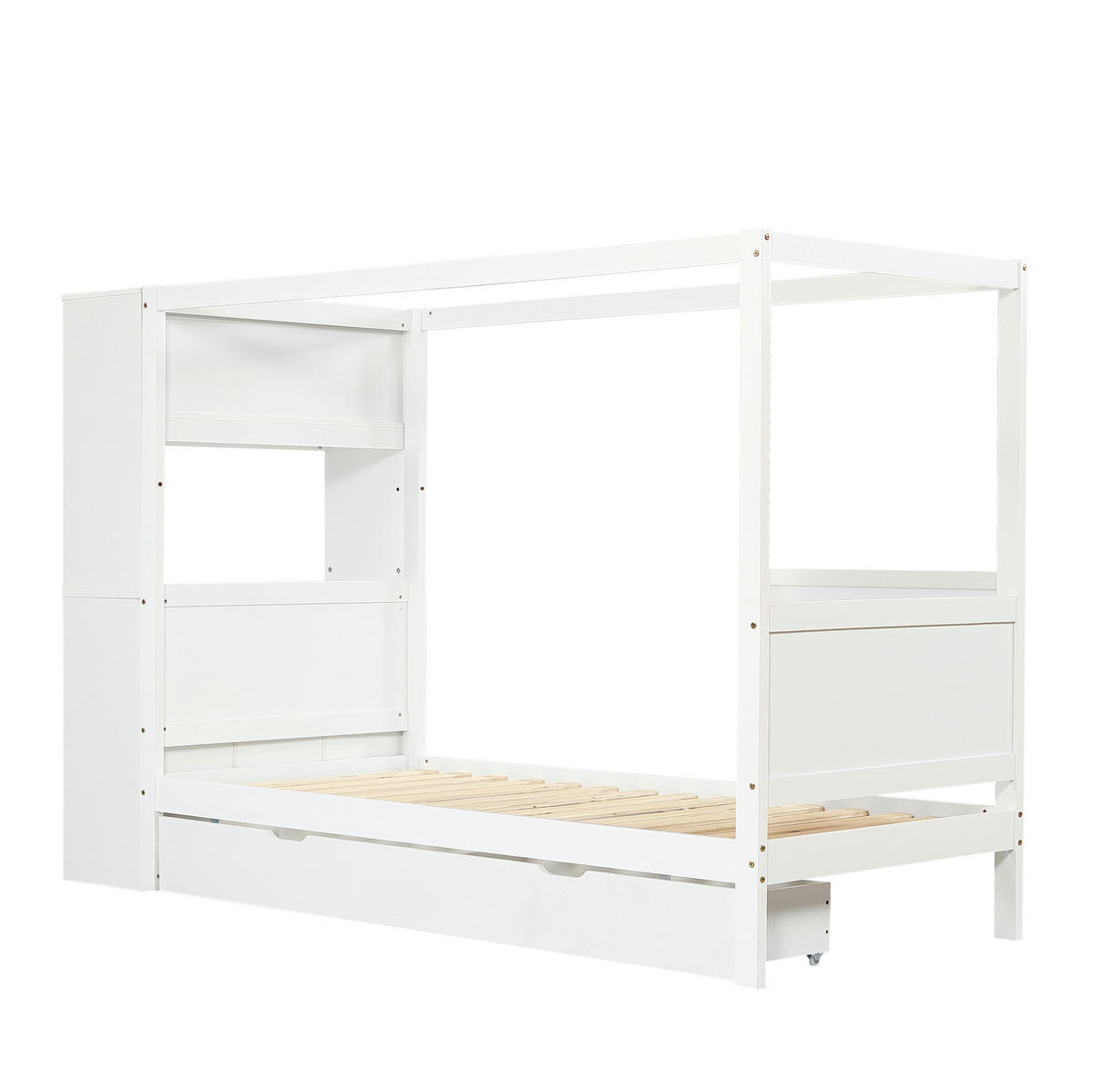 KINDERBETT aus Kiefernholz und MDF 90x200 cm Weiß mit Fallschutz, 5 Schubladen und seitlichem Stauraum - Weiß, Holzwerkstoff (90/200cm) - Modfu