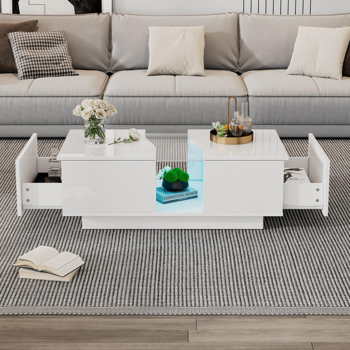 COUCHTISCH 100/50/35 cm Weiß Hochglanz mit 2 Schubladen und LED-Beleuchtung - Weiß, Holzwerkstoff (100/50/35cm) - OKWISH