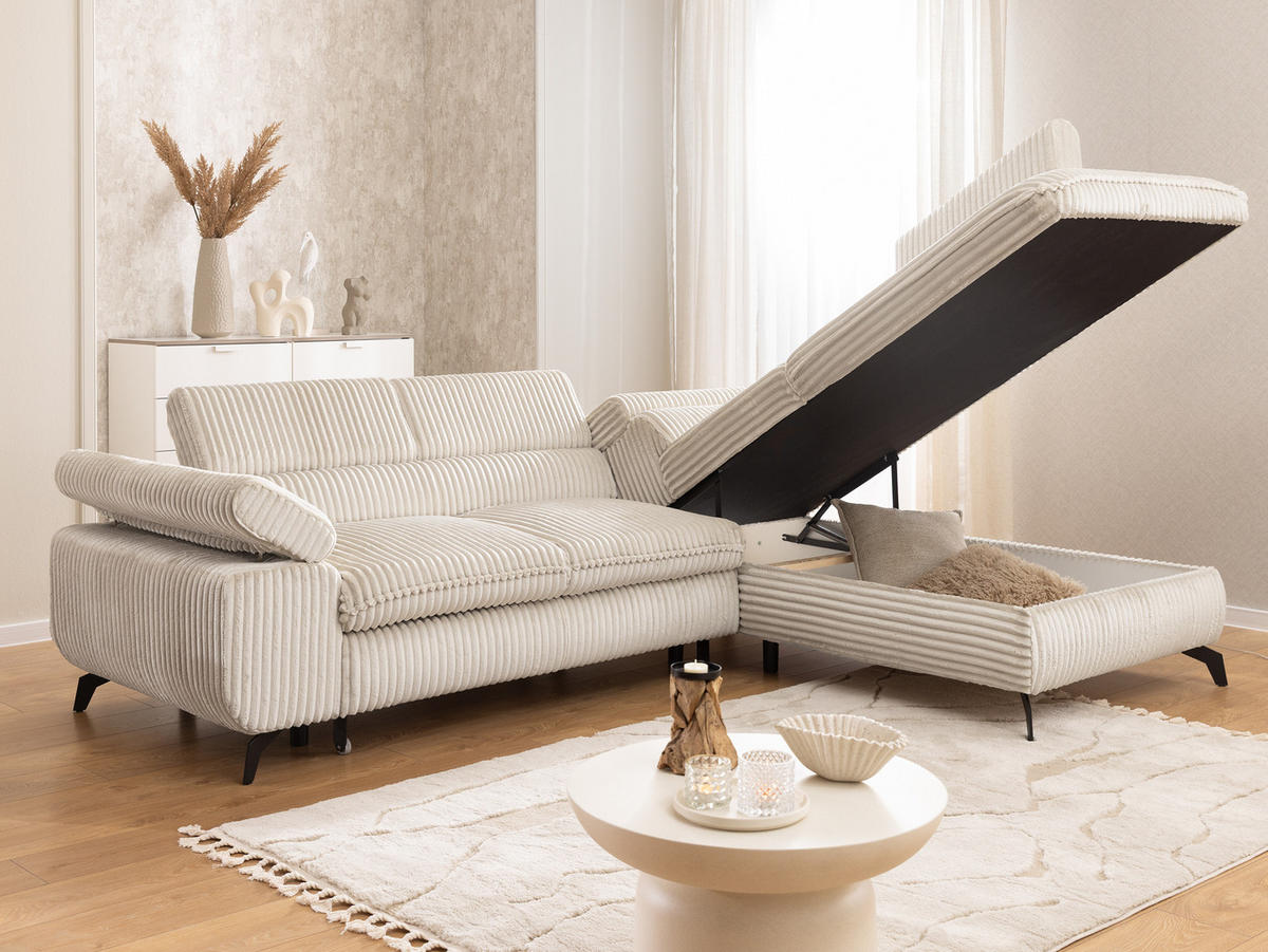 ECKSOFA mit Schlaffunktion und Bettkasten Bonnie aus Creme Cord-Stoff mit verstellbaren Kopfstützen und Armlehne - Ottomane rechts - Creme/Schwarz, Holz/Textil (275/210cm) - S-Style Möbel