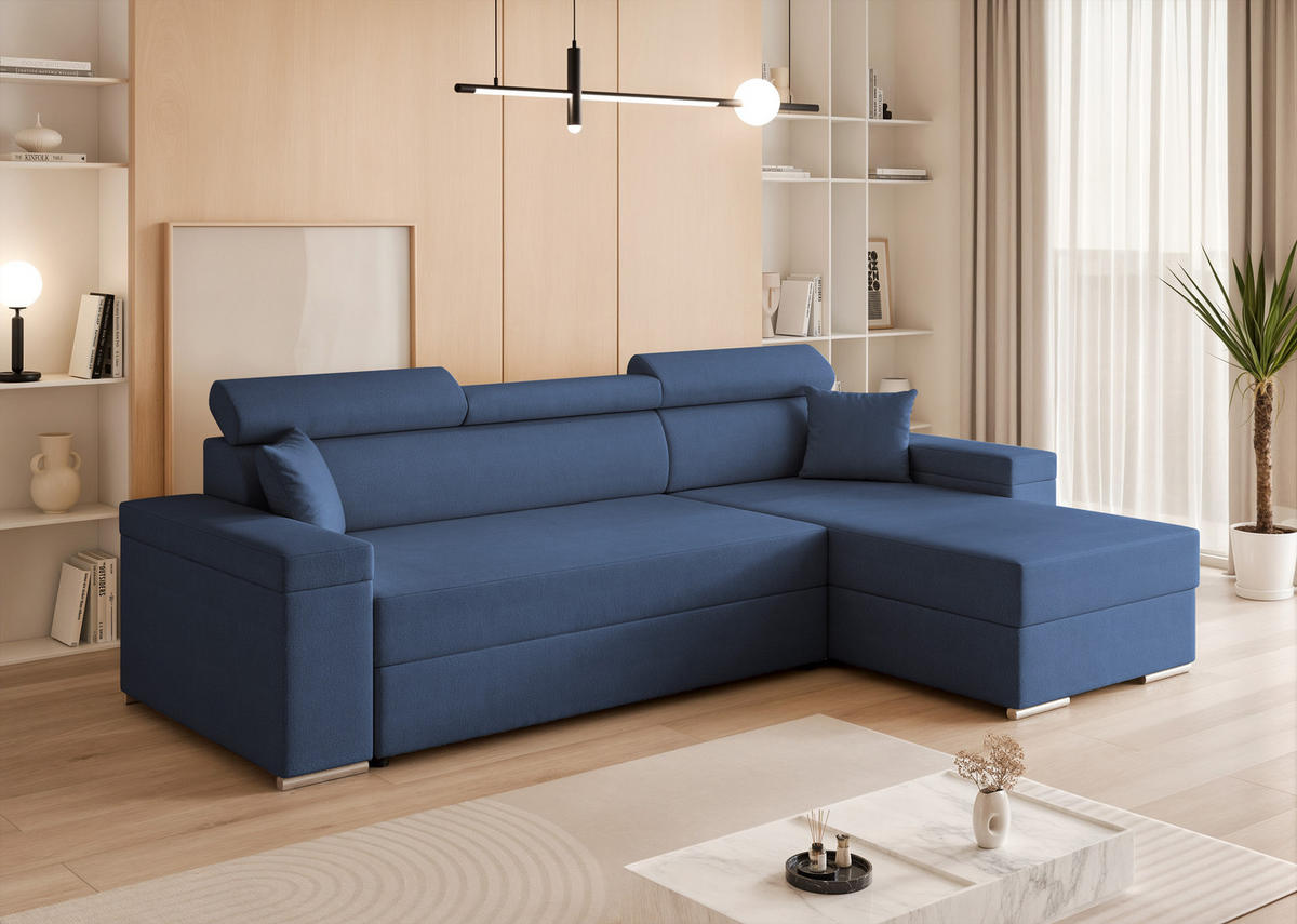 ECKSOFA AISHA mit Schlaffunktion und Bettkasten Marineblau - Dunkelblau, Holzwerkstoff/Kunststoff (250/90cm) - Idohome
