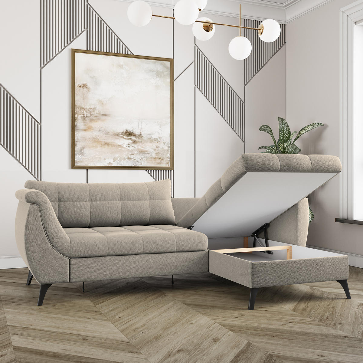 ECKSOFA MOLLIS Beige Geflochtener-Stoff mit Schlaffunktion - Beige, Holz (241/154cm) - MASSENO