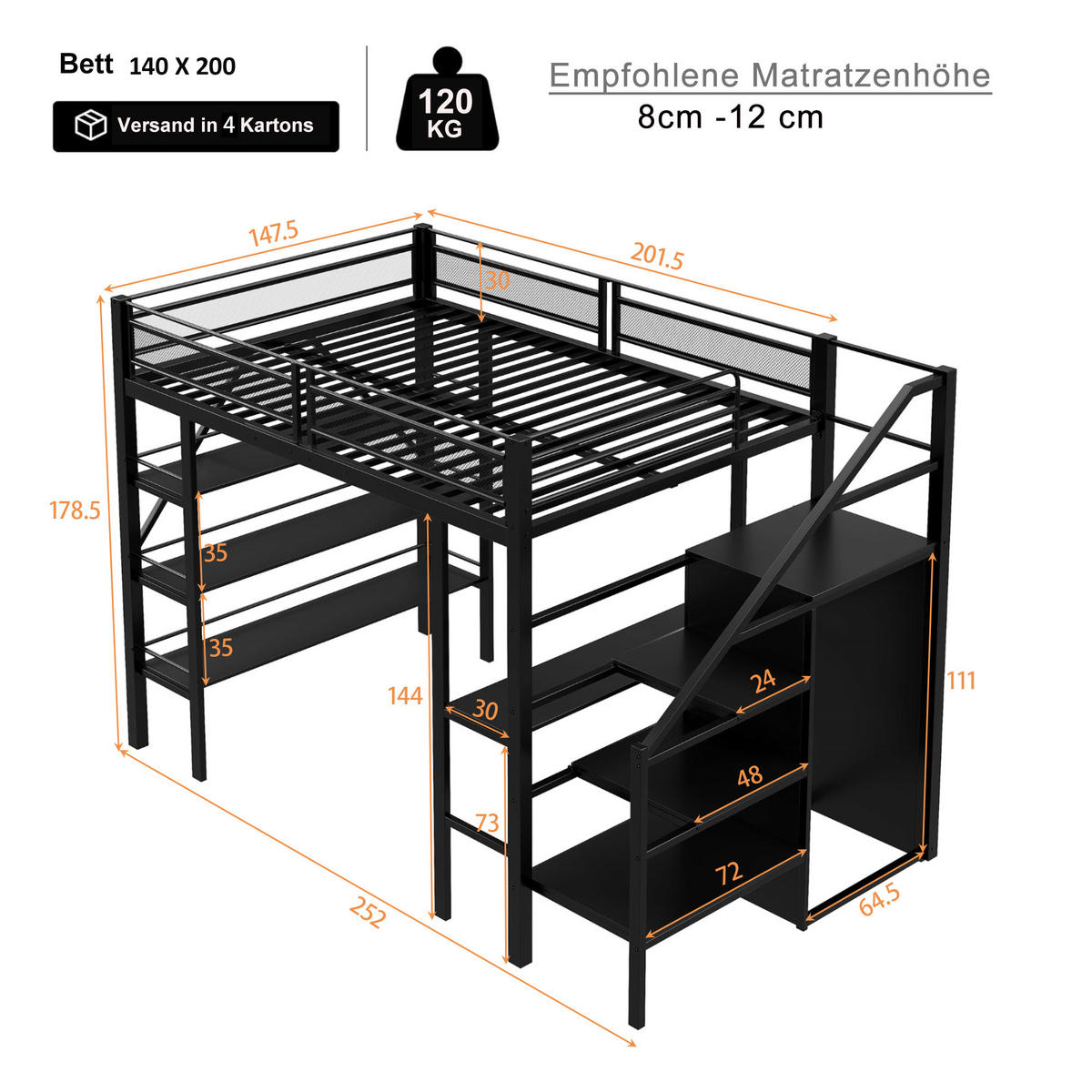 HOCHBETT 140/200 cm Schwarz mit Schreibtisch und Ablageregal aus Metall - Schwarz, Metall (140/200cm) - OKWISH