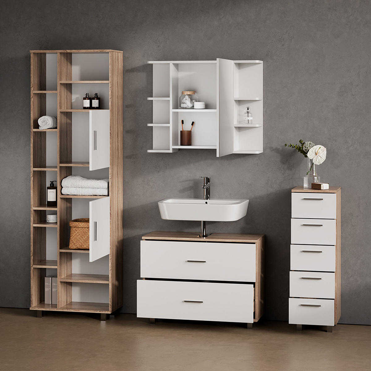 BADMÖBEL-SET Eisak Weiß/Sonoma 4 Teile, mit Hochschrank - Weiß/Sonoma Eiche, Holzwerkstoff (80/60/33cm) - Livinity®