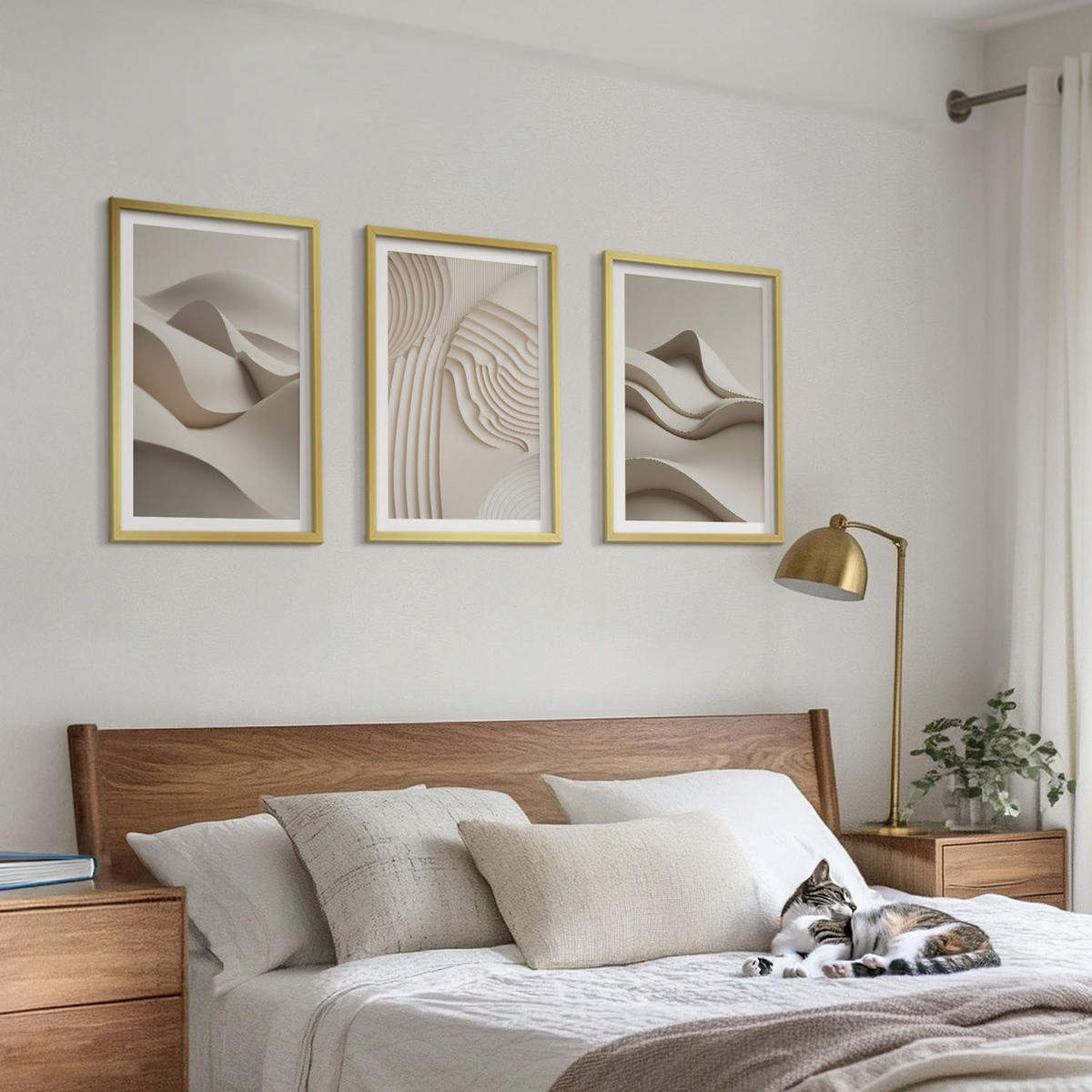 BILDER SET 3er Set - 40x60 cm Goldrahmen - Abstrakte beige Wellen - Goldfarben, Kunststoff (40/60cm) - TULUP