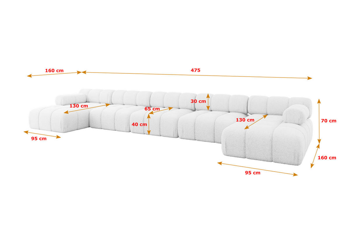 WOHNLANDSCHAFT modulares Sofa Tesso-U3 - 475x160x70 cm Weiß Bouclé - Weiß, Holzwerkstoff/Textil (475/70/160cm) - ALTDECOR