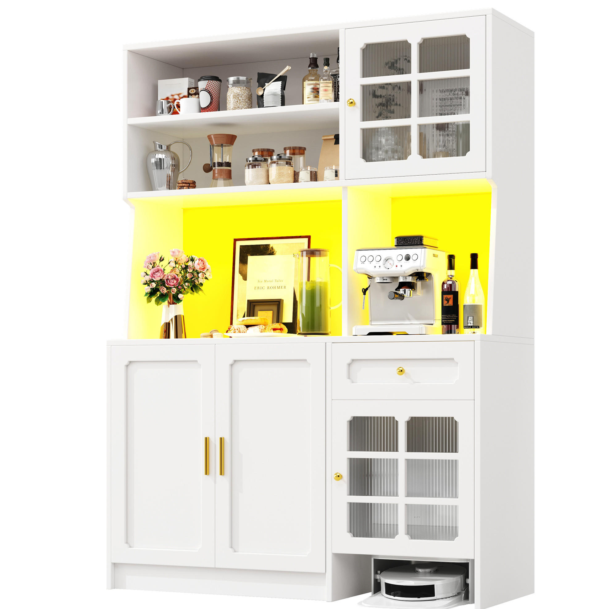 BUFFETSCHRANK 130/45/180 cm aus MDF mit LED-Beleuchtung, Glastüren und Stauraum für Saugroboter, Weiß - Weiß, Holzwerkstoff (130/180/45cm) - Redom