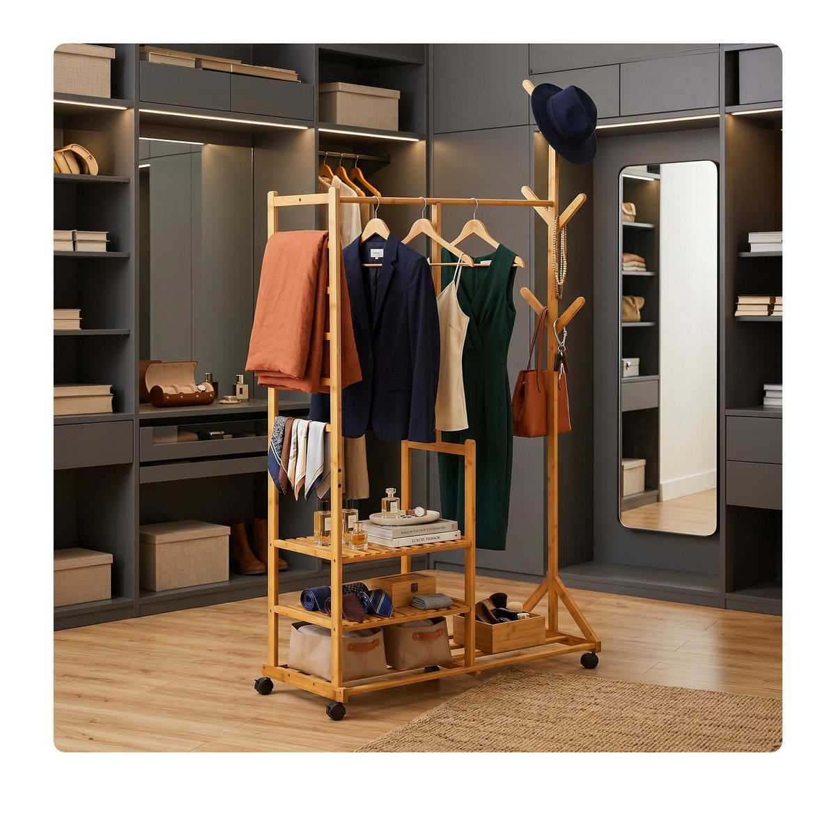 KLEIDERSTÄNDER Natur Bambus mit Rollen 6 Haken 4 Ablagen 176 cm - Hellbraun, Holz/Kunststoff (100/176/38cm) - Relaxdays