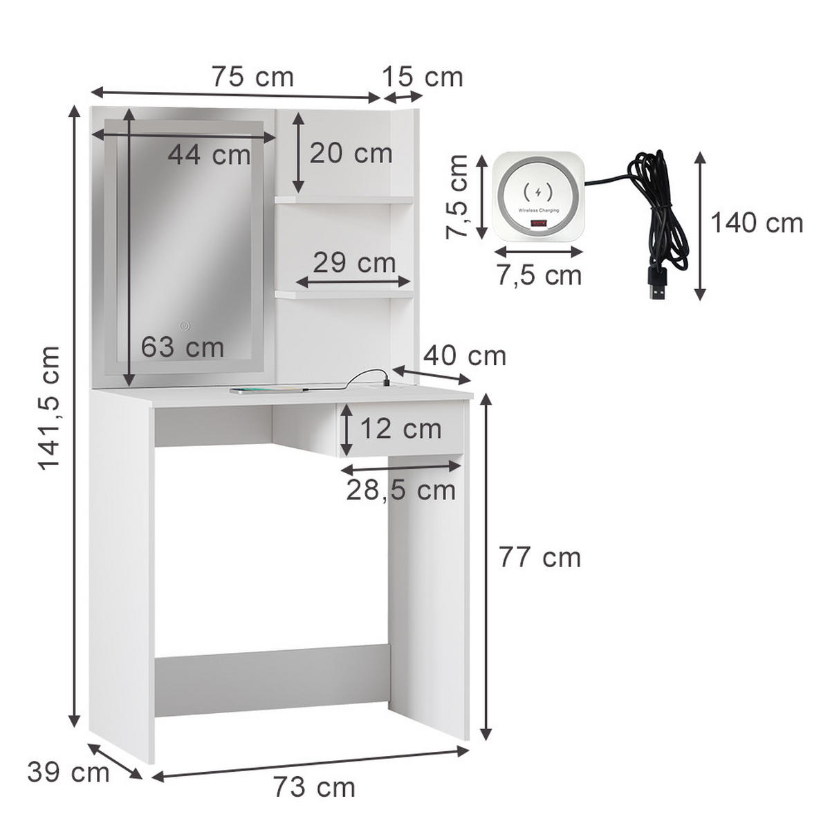 SCHMINKTISCH Dekos Weiß 75 cm mit LED-Spiegel und QI-Ladestation - Weiß, Holzwerkstoff (75/141/40cm) - Vicco