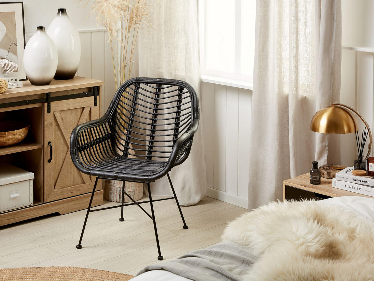 RATTANSTUHL Rattan Schwarz Canora - Schwarz, Naturmaterialien/Metall (64/89/51cm) - Beliani